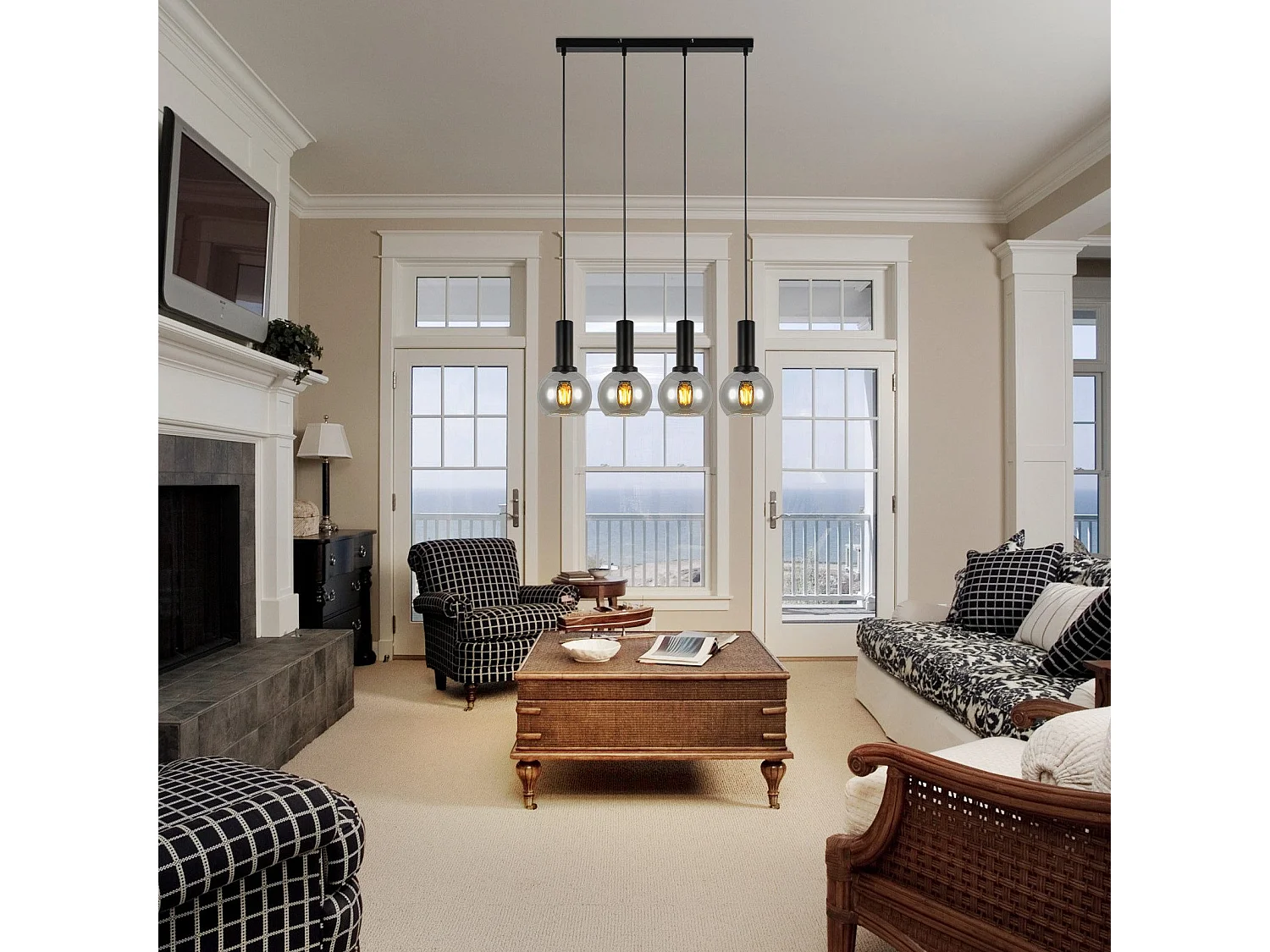 NETTLIFE Eettafel Hanglamp, Glazen Hanglamp, 4 Vlammen, Vintage Eetkamerlamp, E27, Retro