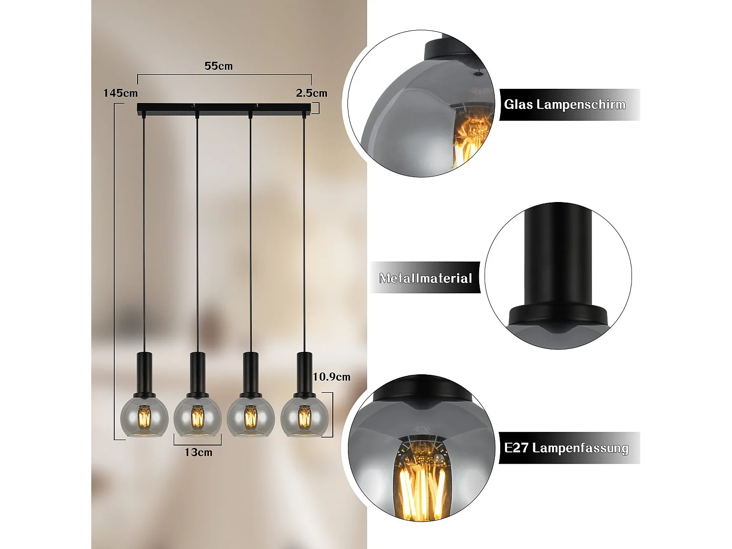 NETTLIFE Suspension pour table à manger, lampe suspendue en verre, 4 flammes, lampe de salle à manger vintage, E27, rétro