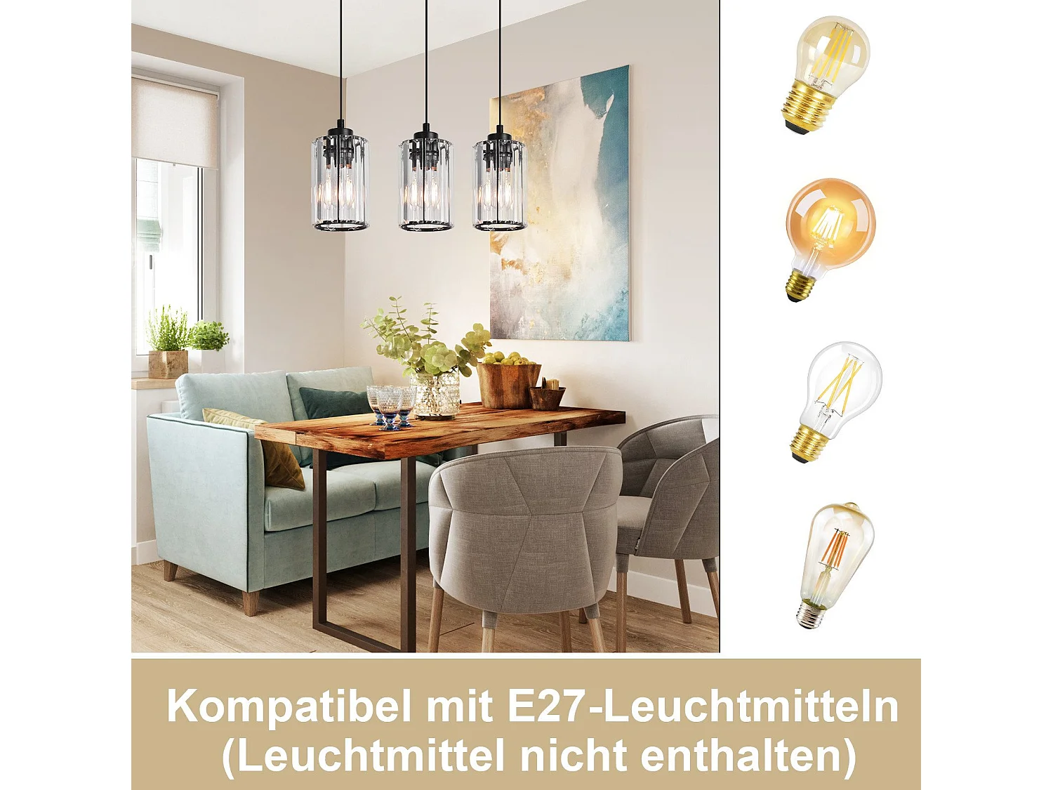 NETTLIFE Lampe à Suspension Pour Table à Manger En Cristal Noir Moderne 3 Flammes E27