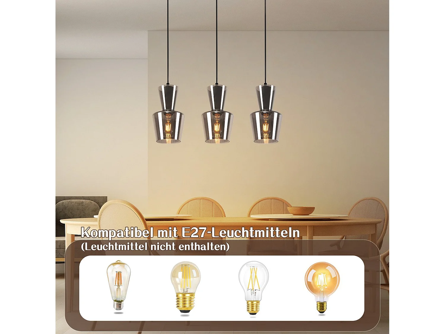 NETTLIFE Vintage Rauchgrau Glas Esstisch Pendelleuchte E27 für Wohnzimmer oder Küche
