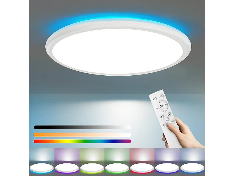 NETTLIFE Plafonnier LED Plafonnier Chambre - Cuisine Lampe Plate RGB 23W Lampe de Salle de Bain Ronde 30CM Télécommande