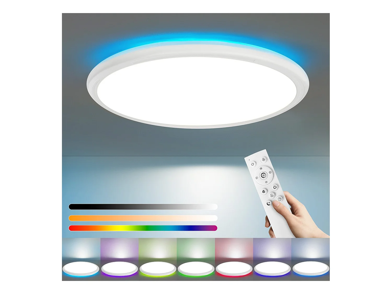 NETTLIFE Plafonnier LED Plafonnier Chambre - Cuisine Lampe Plate RGB 23W Lampe de Salle de Bain Ronde 30CM Télécommande