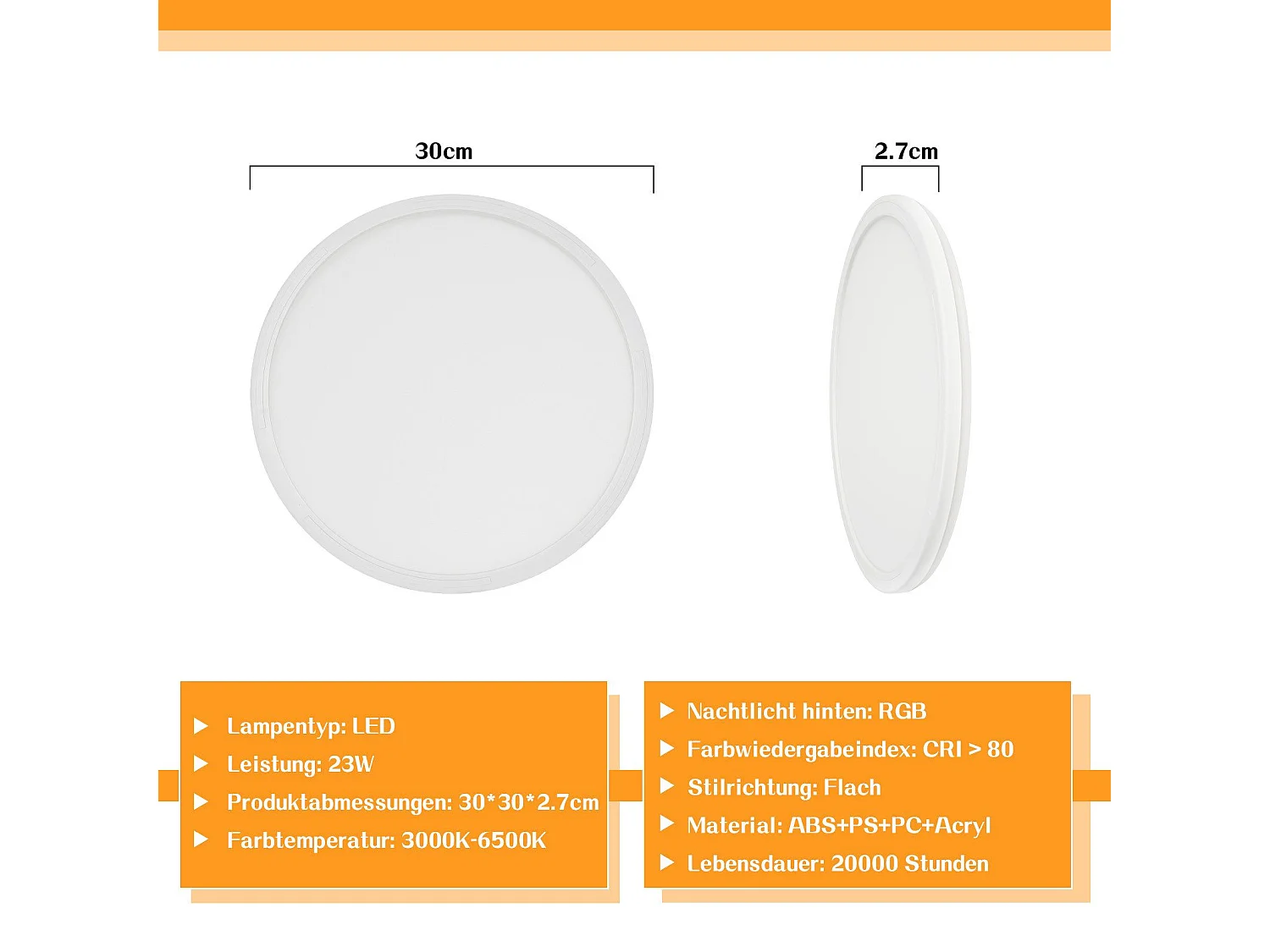 NETTLIFE Plafonnier LED Plafonnier Chambre - Cuisine Lampe Plate RGB 23W Lampe de Salle de Bain Ronde 30CM Télécommande