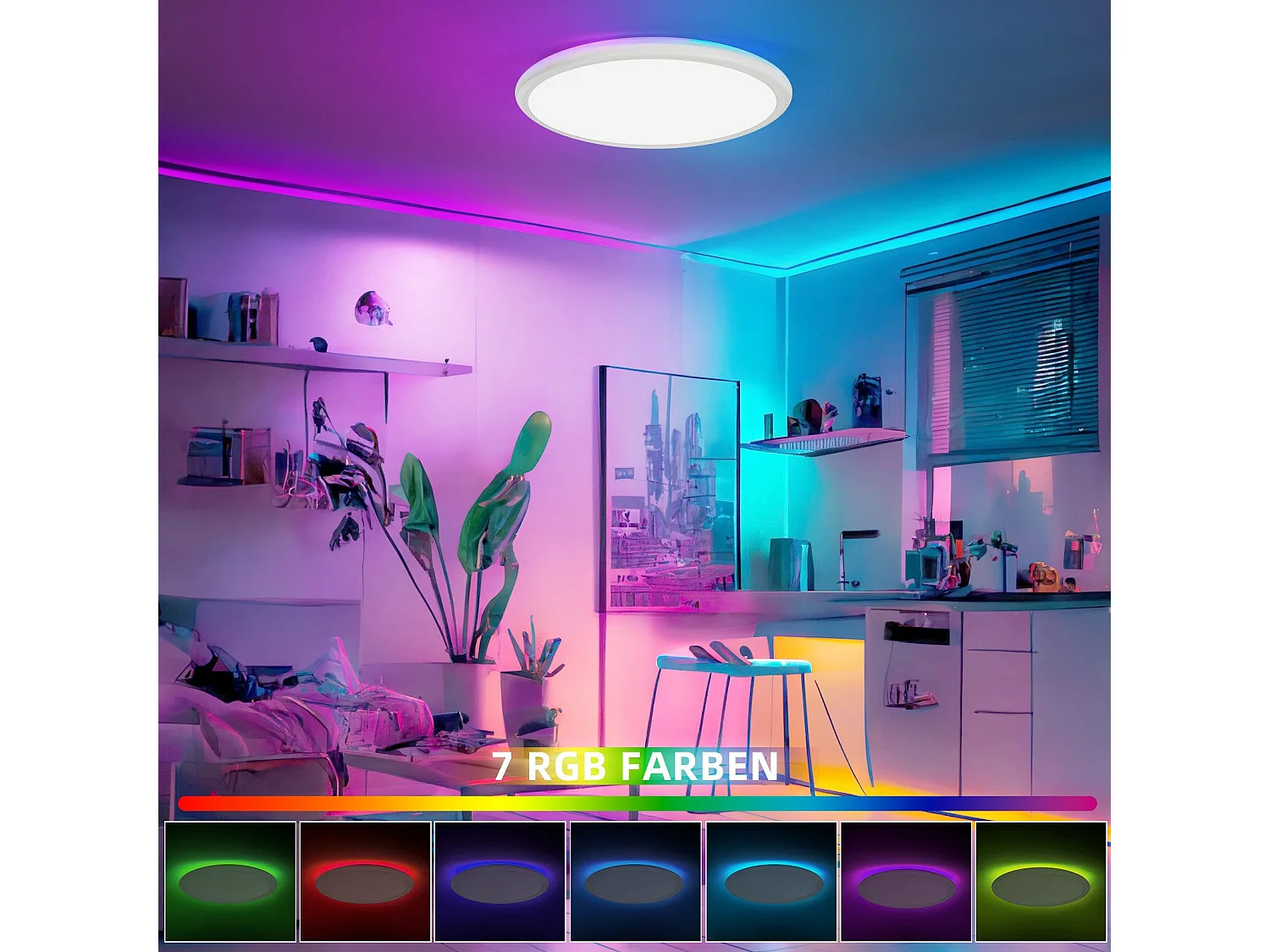NETTLIFE Plafonnier LED Plafonnier Chambre - Cuisine Lampe Plate RGB 23W Lampe de Salle de Bain Ronde 30CM Télécommande