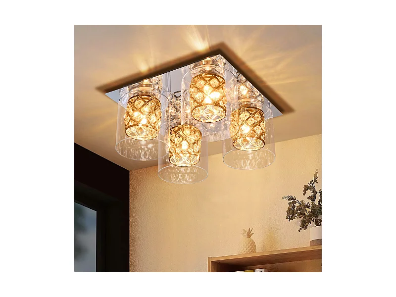 NETTLIFE Moderne Wohnzimmer Deckenleuchte G9 Kristalle mit Glasschirm Schlafzimmerlampe