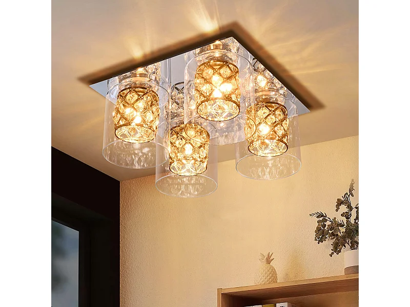 NETTLIFE Plafonnier Salon Moderne Cristaux G9 Avec Abat-jour En Verre Lampe De Chambre