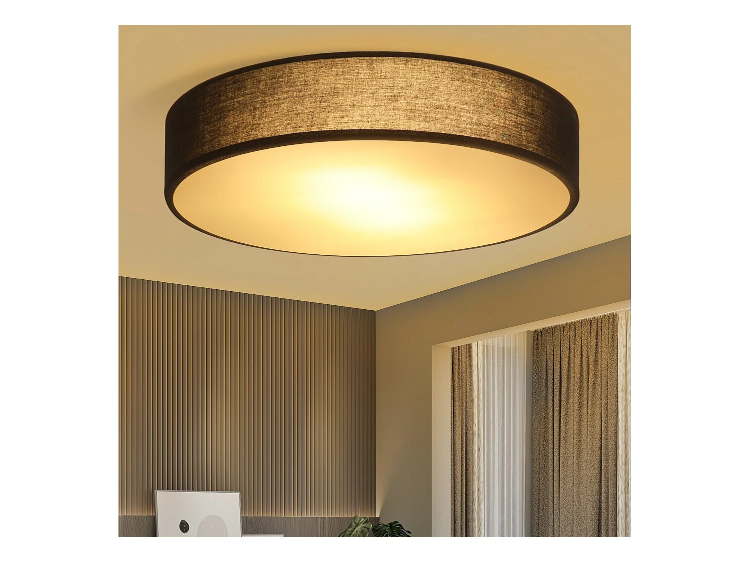 NETTLIFE Plafonnier Chambre 38CM Rond 2 Ampoules E27 Noir Lampe de Chambre Moderne avec Abat-jour en Tissu Cuisine Couloir