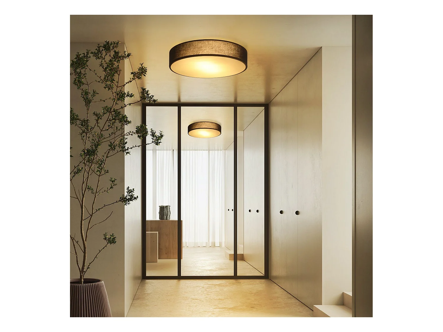 NETTLIFE Plafonnier Chambre 38CM Rond 2 Ampoules E27 Noir Lampe de Chambre Moderne avec Abat-jour en Tissu Cuisine Couloir