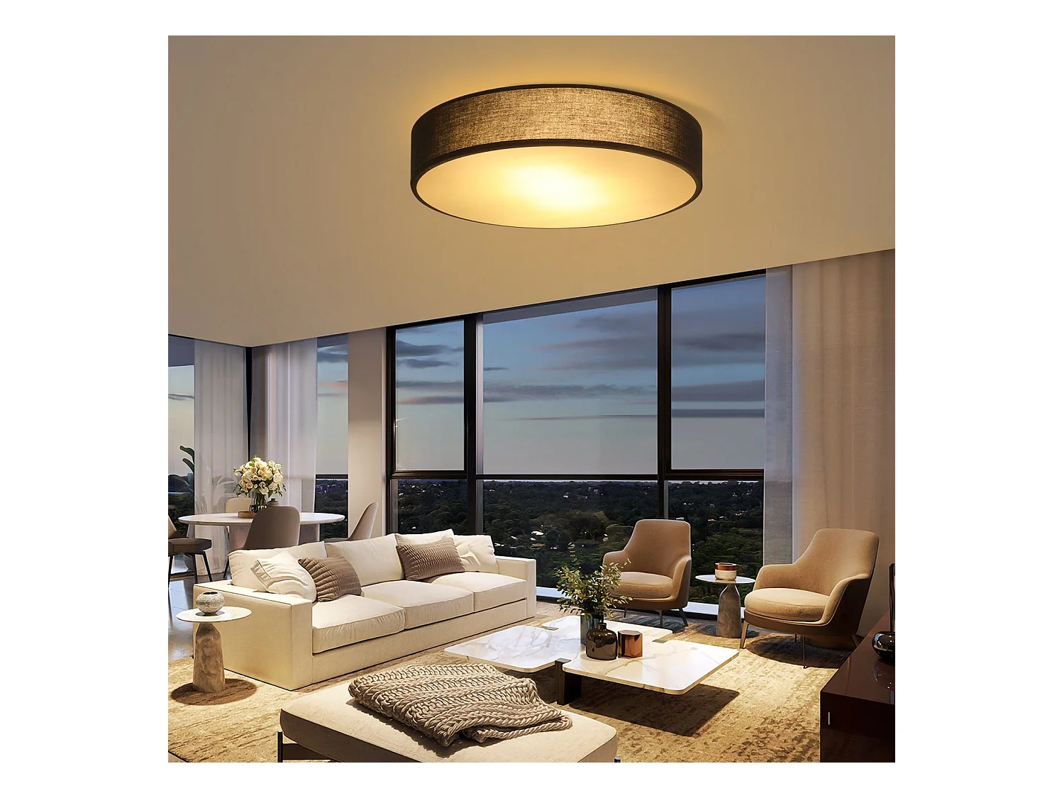 NETTLIFE Plafonnier Chambre 38CM Rond 2 Ampoules E27 Noir Lampe de Chambre Moderne avec Abat-jour en Tissu Cuisine Couloir