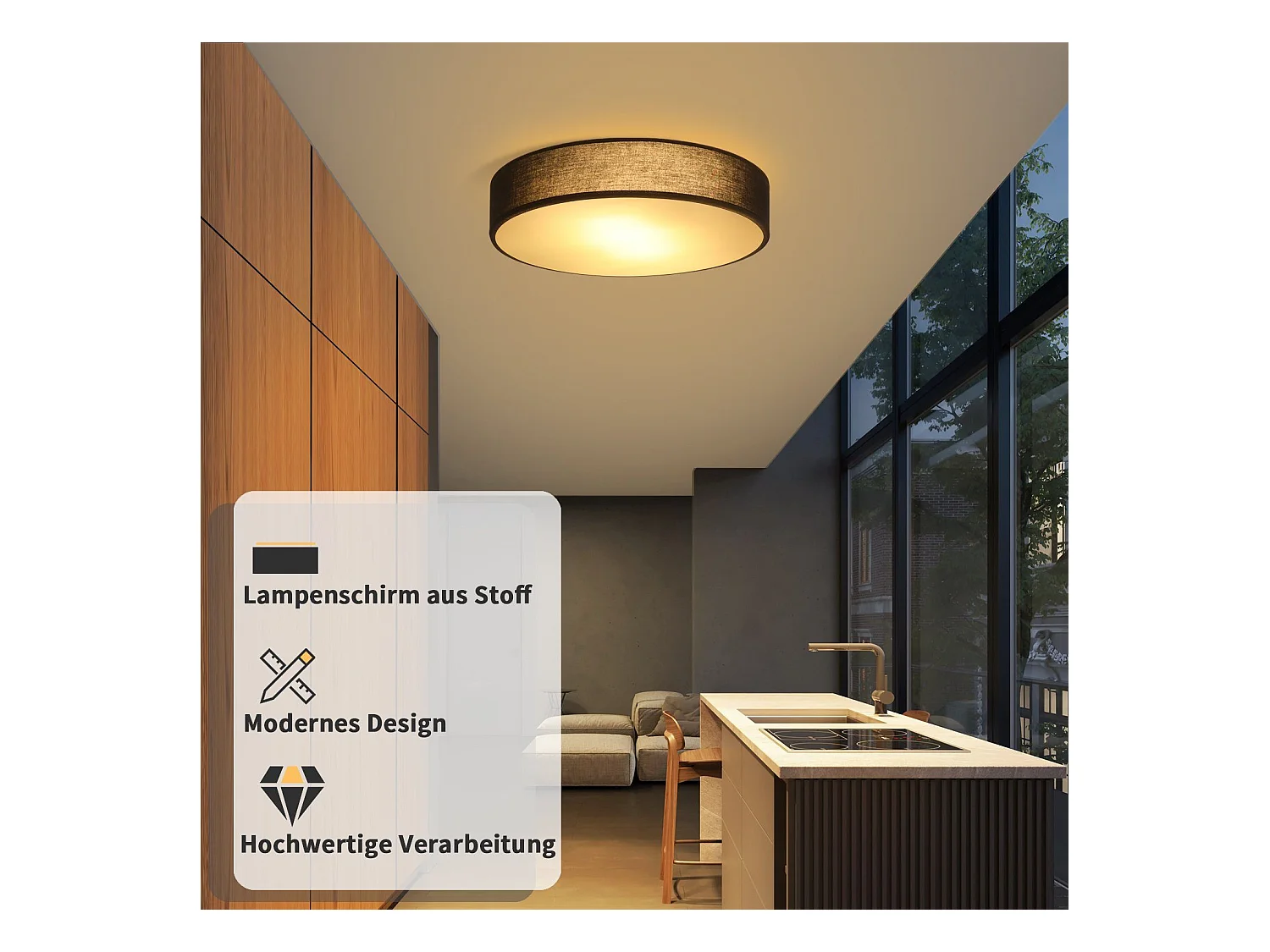 NETTLIFE Plafonnier Chambre 38CM Rond 2 Ampoules E27 Noir Lampe de Chambre Moderne avec Abat-jour en Tissu Cuisine Couloir