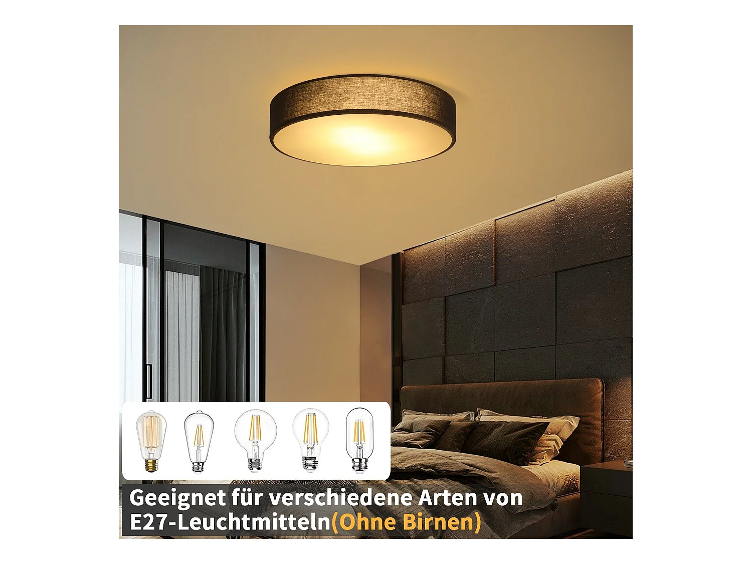 NETTLIFE Plafonnier Chambre 38CM Rond 2 Ampoules E27 Noir Lampe de Chambre Moderne avec Abat-jour en Tissu Cuisine Couloir