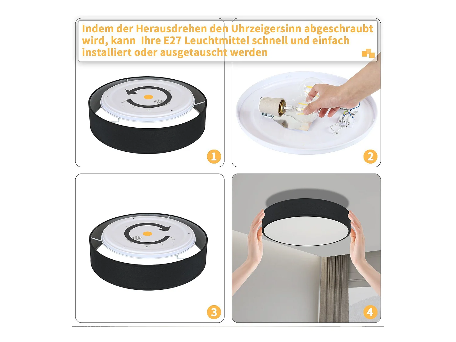 NETTLIFE Plafonnier Chambre 38CM Rond 2 Ampoules E27 Noir Lampe de Chambre Moderne avec Abat-jour en Tissu Cuisine Couloir