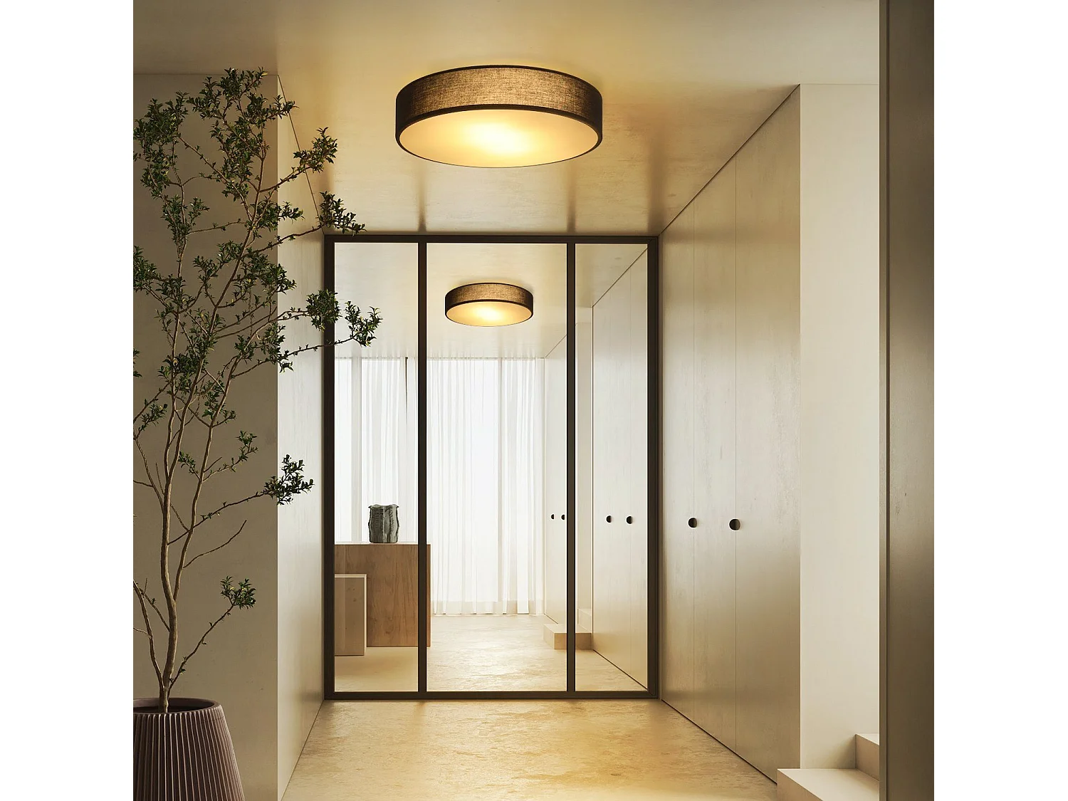 NETTLIFE Plafonnier Chambre 38CM Rond 2 Ampoules E27 Noir Lampe de Chambre Moderne avec Abat-jour en Tissu Cuisine Couloir