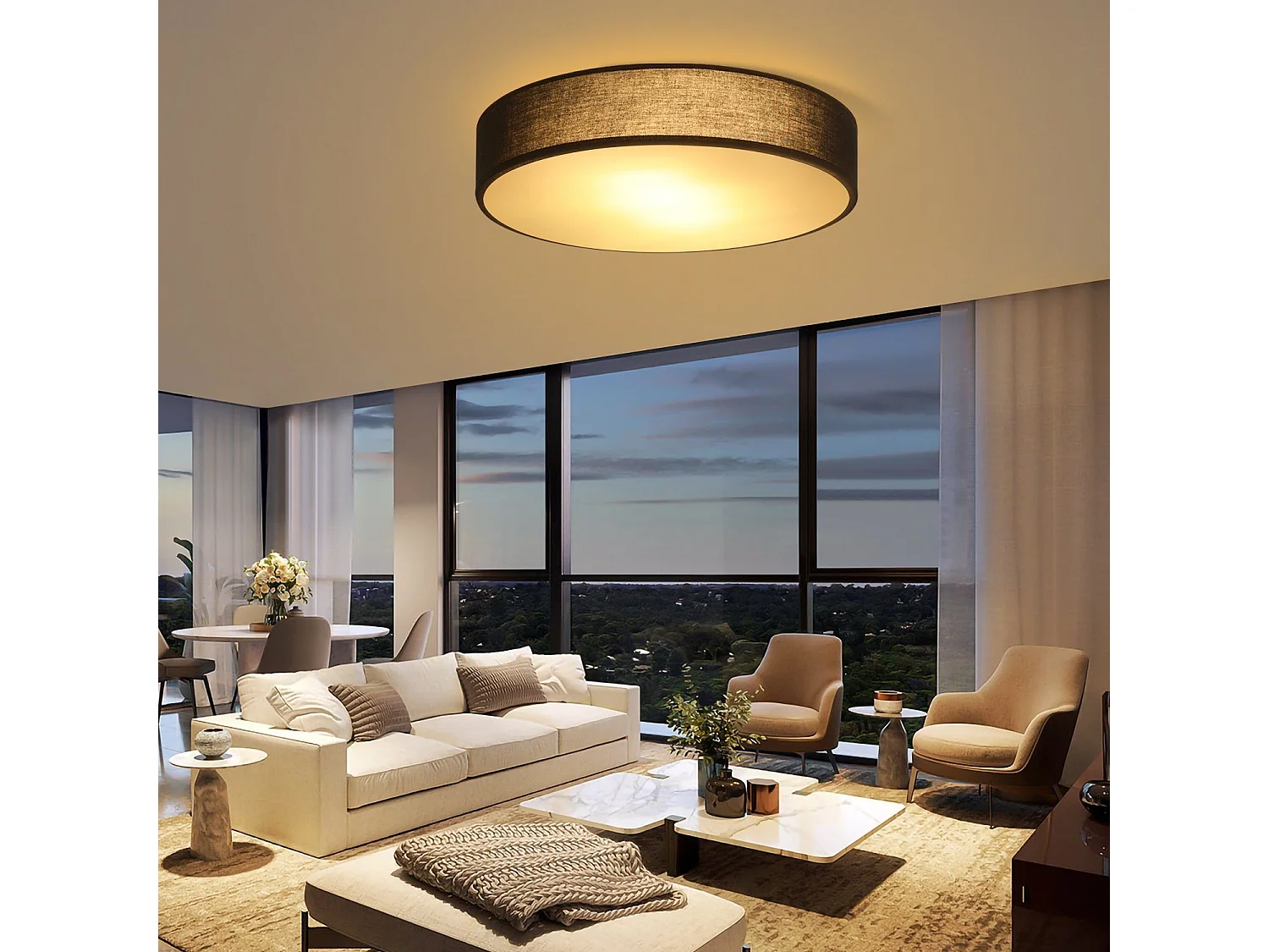 NETTLIFE Plafonnier Chambre 38CM Rond 2 Ampoules E27 Noir Lampe de Chambre Moderne avec Abat-jour en Tissu Cuisine Couloir