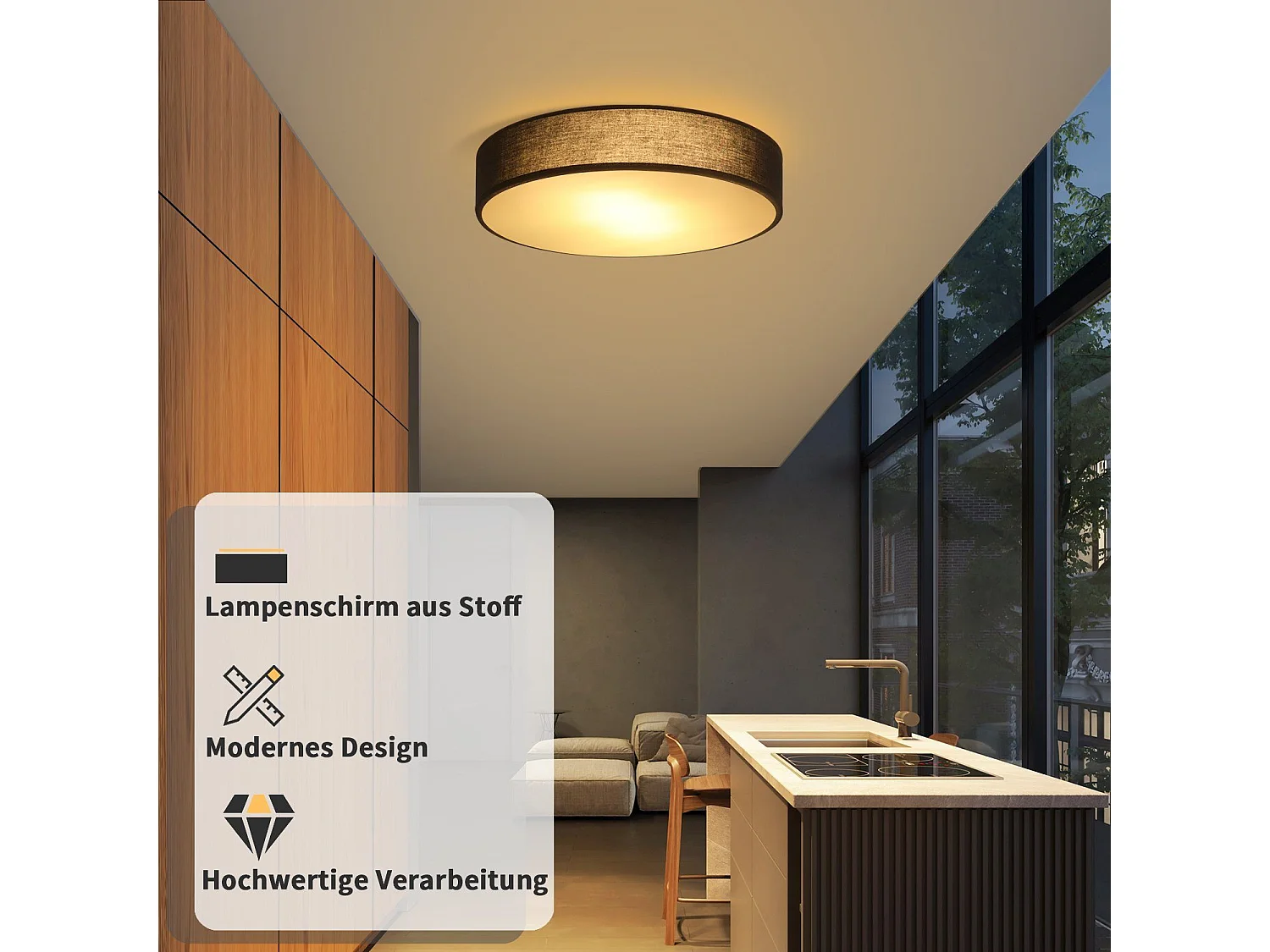 NETTLIFE Plafonnier Chambre 38CM Rond 2 Ampoules E27 Noir Lampe de Chambre Moderne avec Abat-jour en Tissu Cuisine Couloir