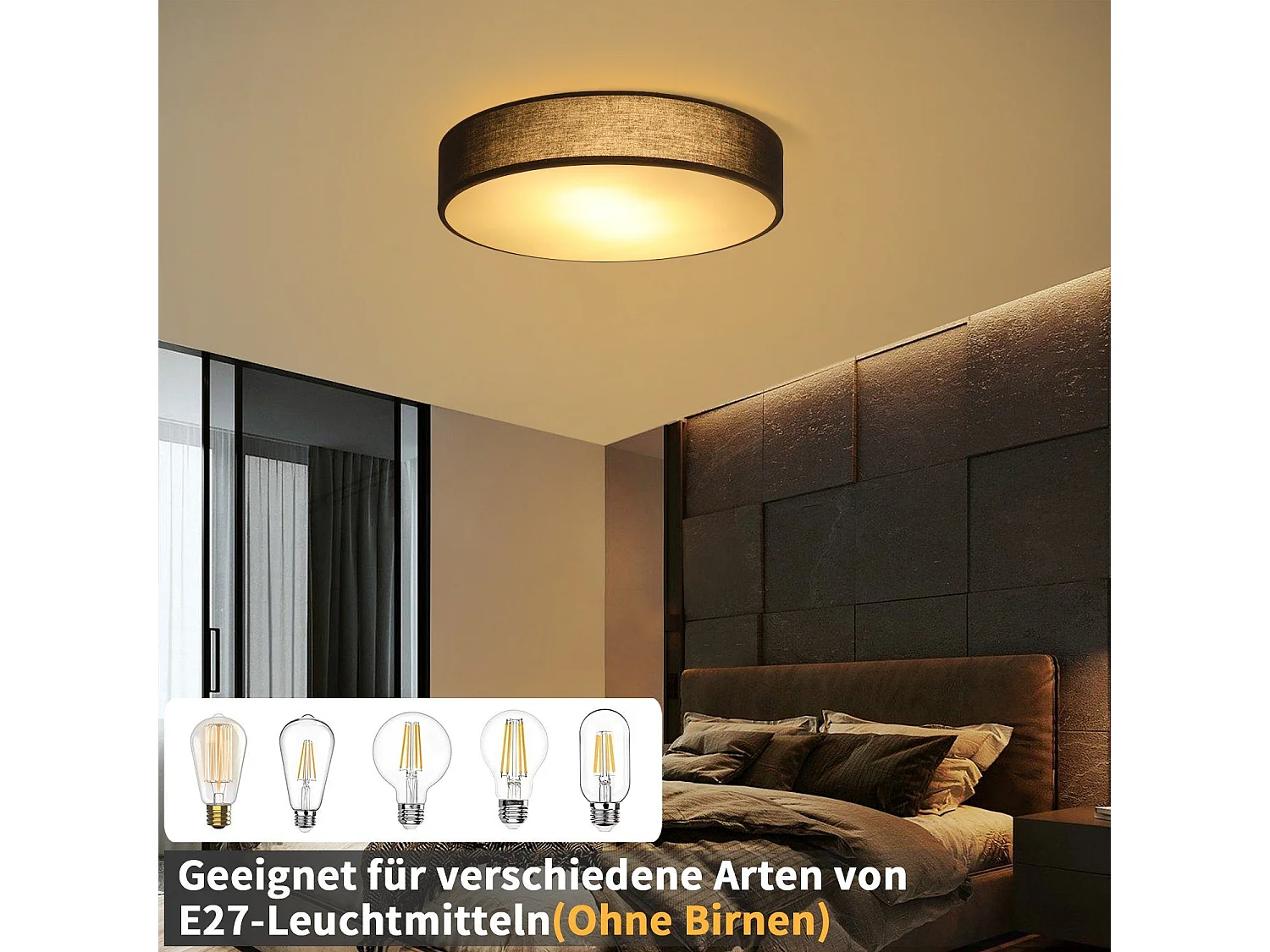 NETTLIFE Plafonnier Chambre 38CM Rond 2 Ampoules E27 Noir Lampe de Chambre Moderne avec Abat-jour en Tissu Cuisine Couloir