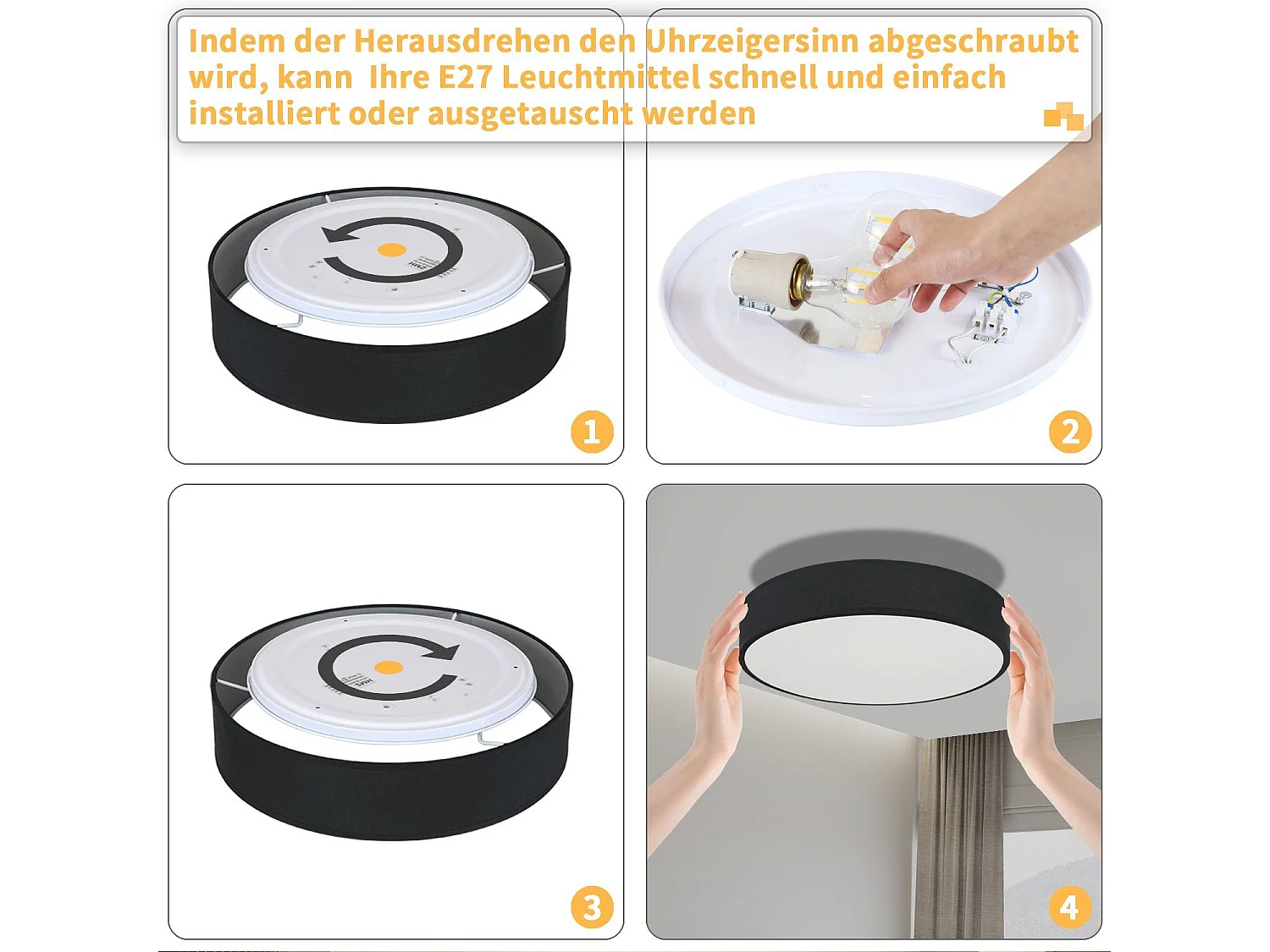 NETTLIFE Plafonnier Chambre 38CM Rond 2 Ampoules E27 Noir Lampe de Chambre Moderne avec Abat-jour en Tissu Cuisine Couloir