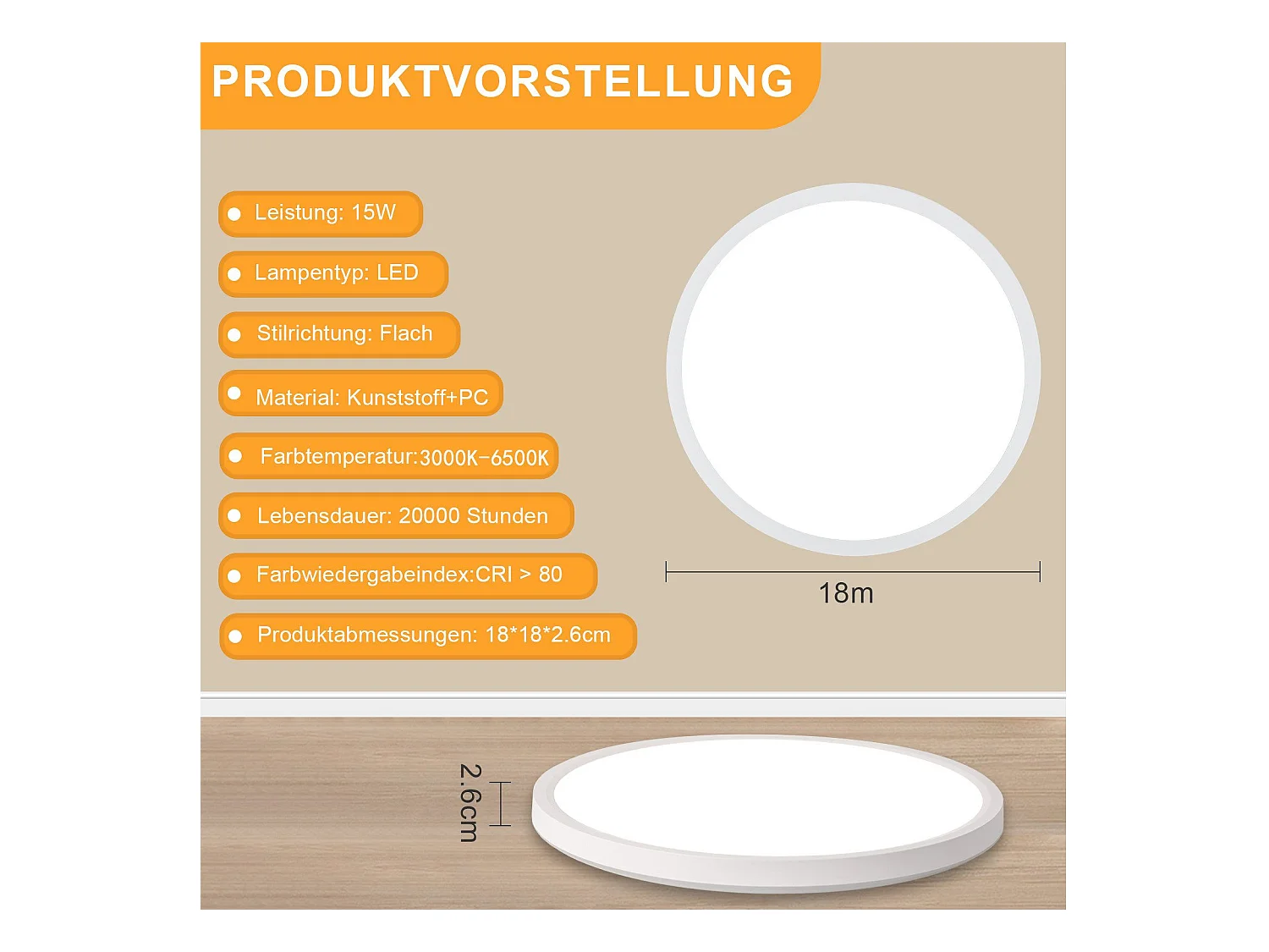 NETTLIFE Plafonnier LED Plat Pour Chambre à Coucher Noir 18cm 15w Lampe De Salle De Bain à Intensité Variable