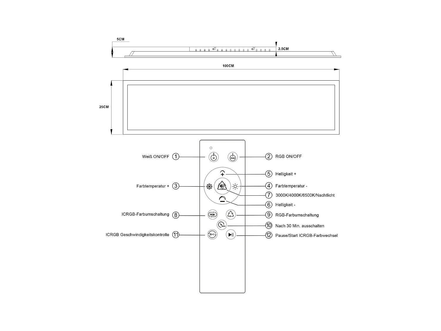 NETTLIFE Panneau LED 100 x 25 cm variable, long éclairage RVB à changement de couleur plate avec télécommande, 24 W