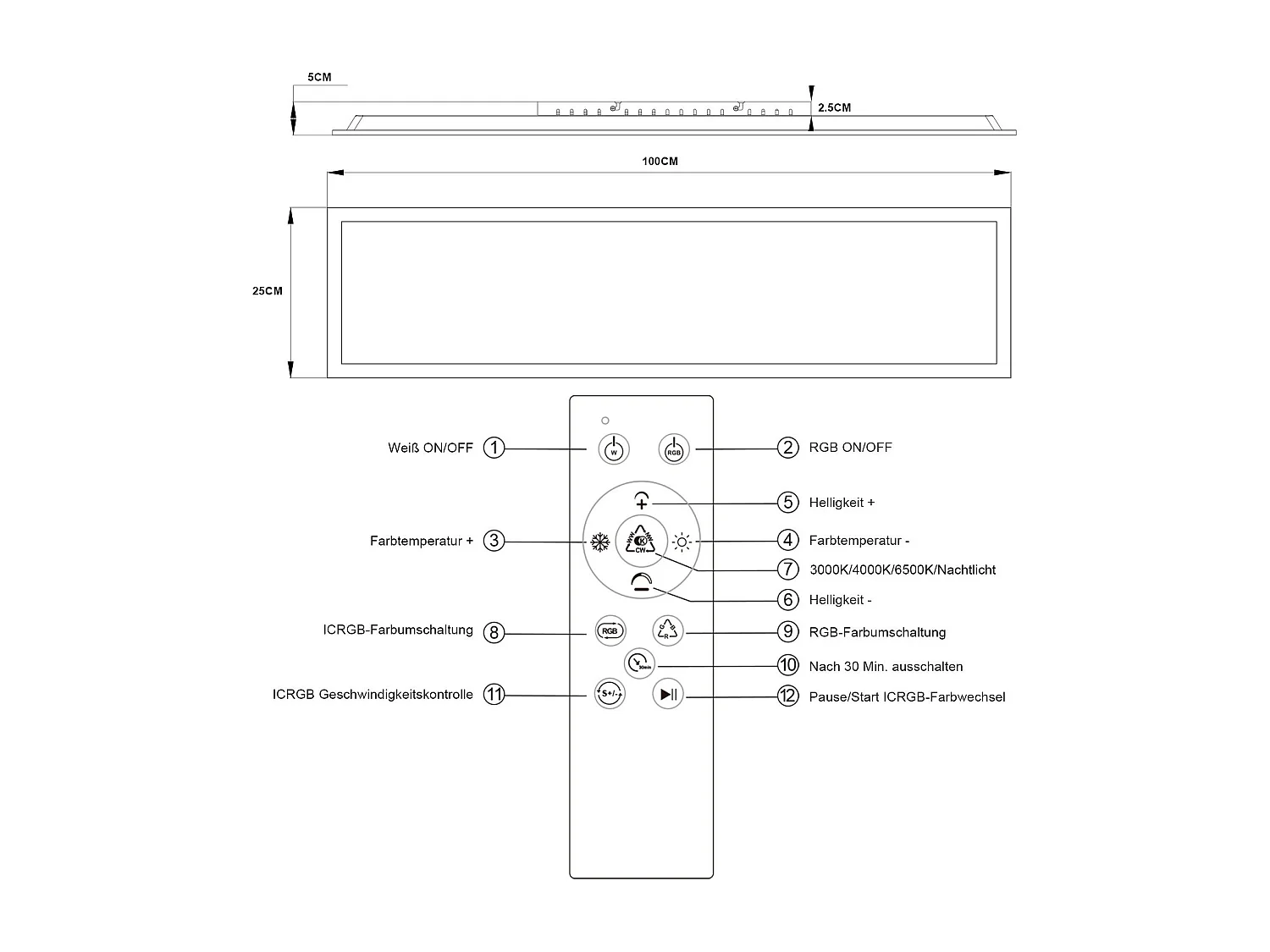 NETTLIFE Panneau LED 100 x 25 cm variable, long éclairage RVB à changement de couleur plate avec télécommande, 24 W