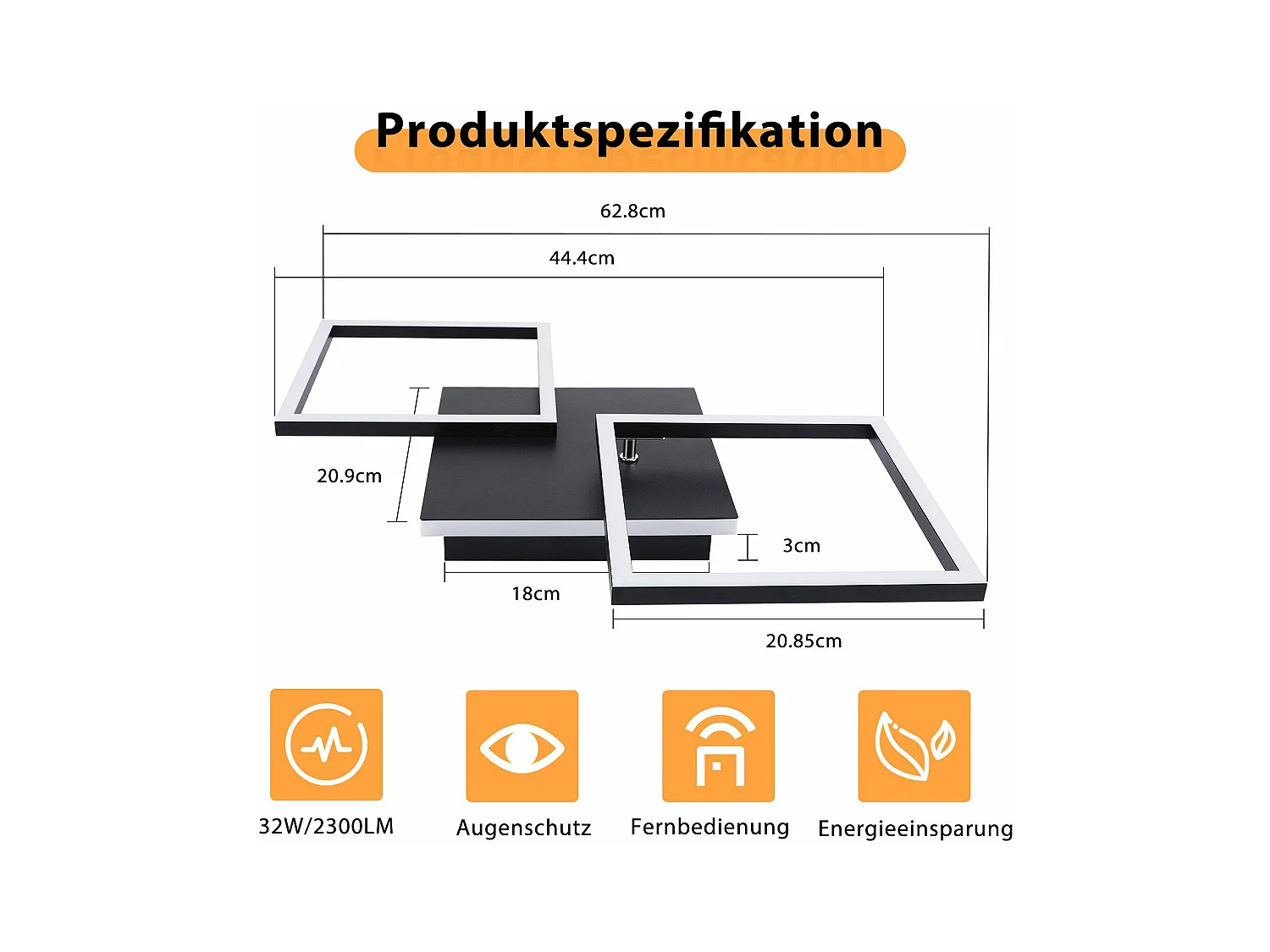 NETTLIFE Lampa sufitowa LED do salonu, czarna, ściemnialna, kwadratowa, nowoczesna, 36 W, z pilotem