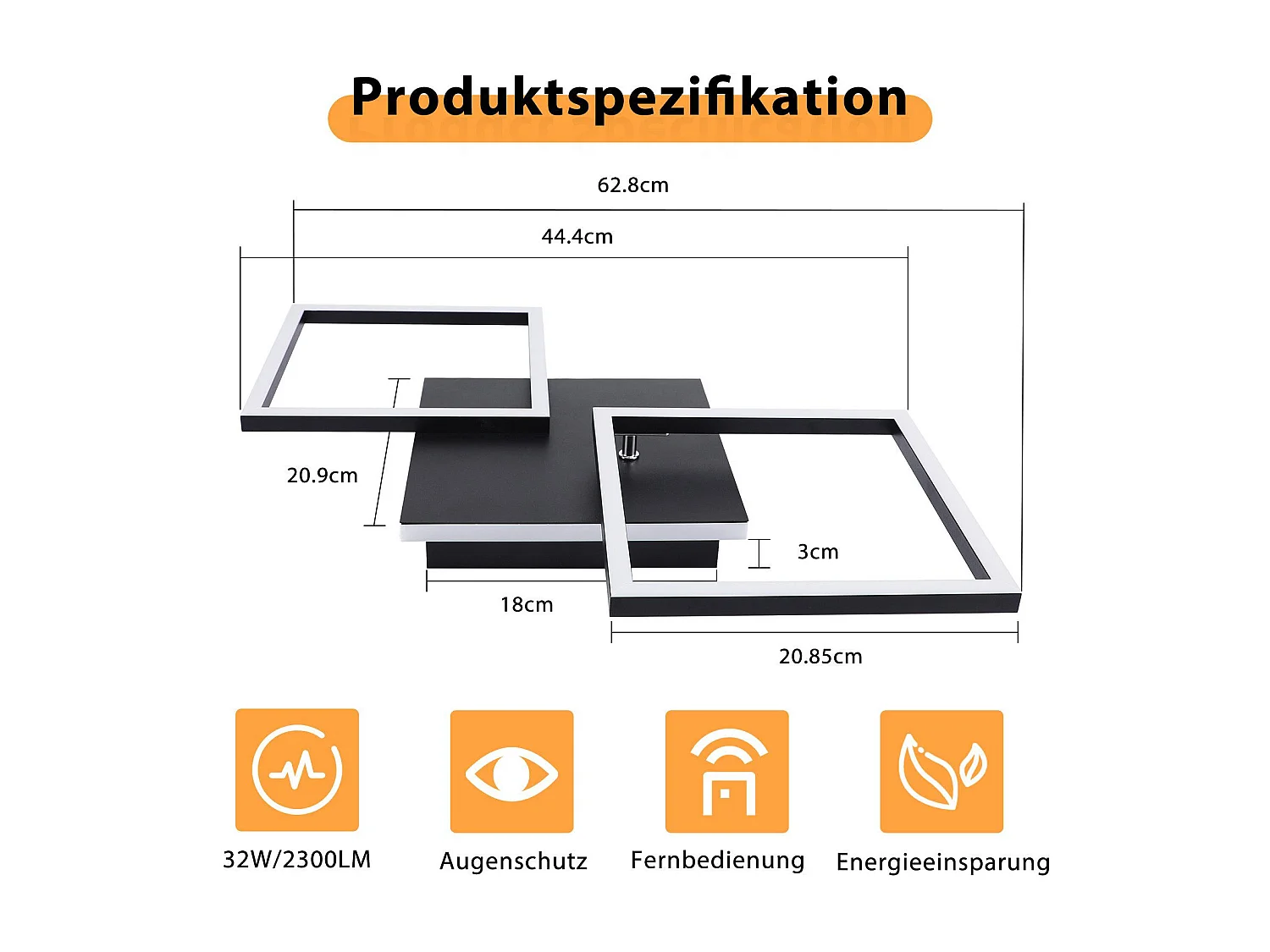 NETTLIFE Lámpara de techo LED para sala de estar, cuadrada, regulable, negra, moderna, 36 W, con control remoto