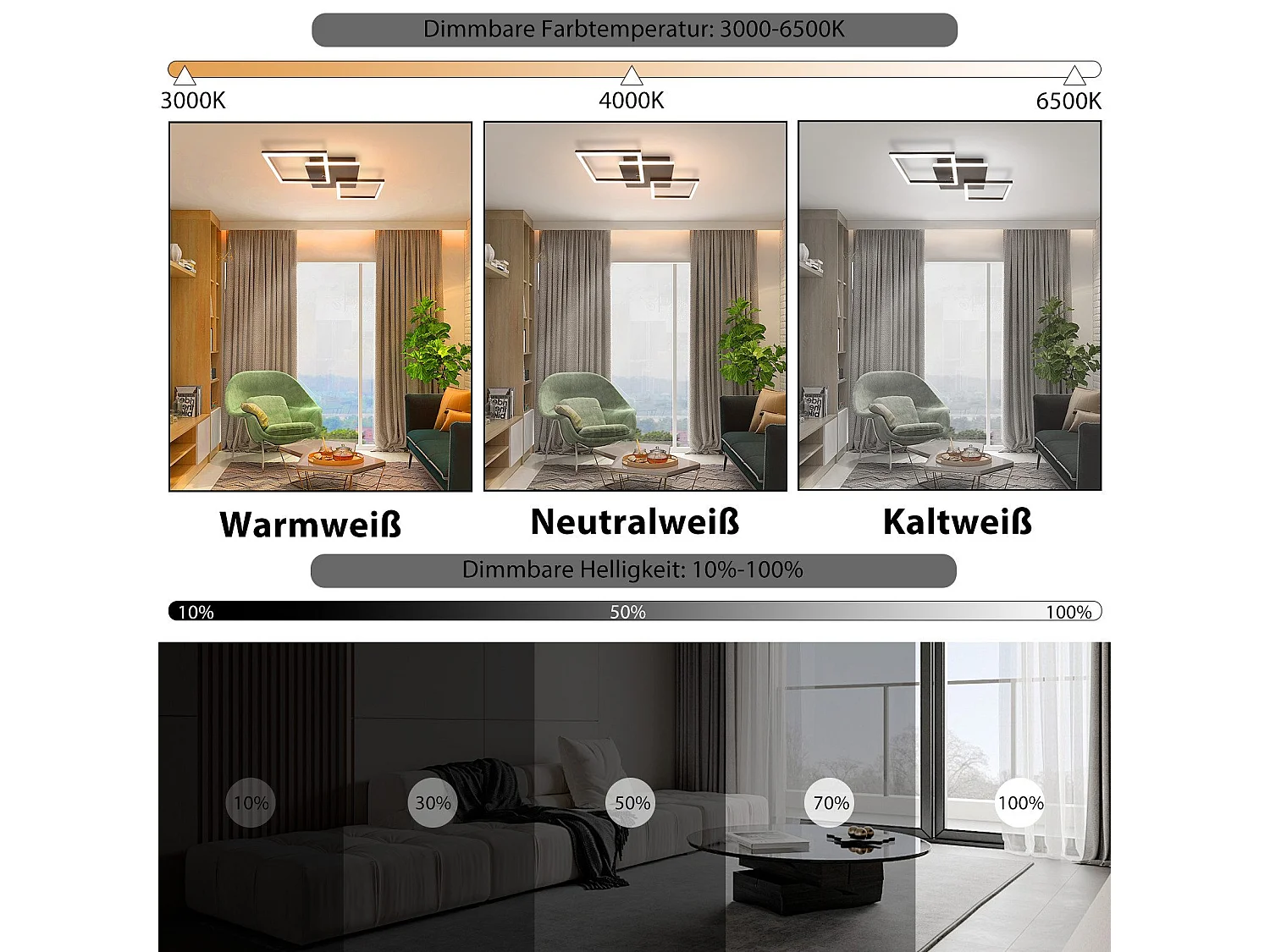 NETTLIFE Plafonnier LED Salon Noir Dimmable Carré Moderne 36w Avec Télécommande