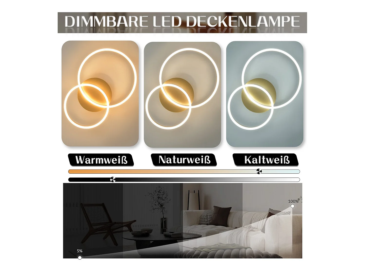NETTLIFE Dimbare LED-plafondlamp, zwarte woonkamerlamp, moderne slaapkamerlamp, 46W, 2 ringen