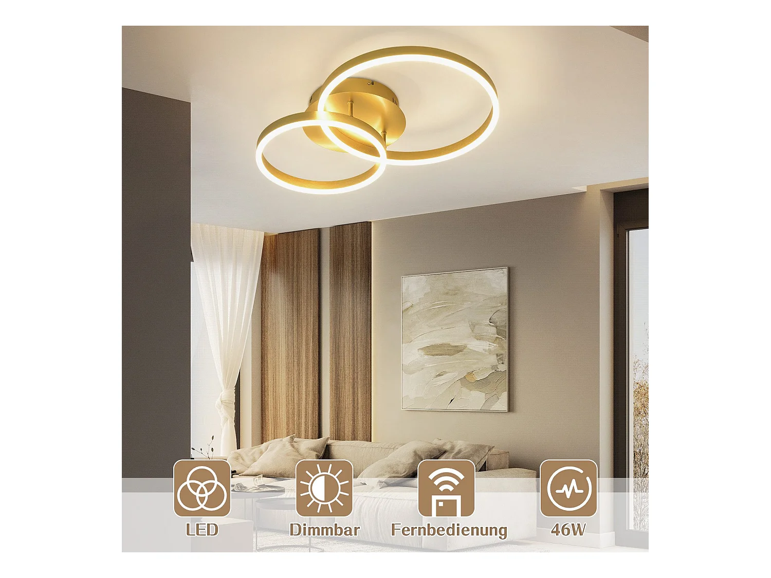 NETTLIFE Dimbare LED-plafondlamp, zwarte woonkamerlamp, moderne slaapkamerlamp, 46W, 2 ringen