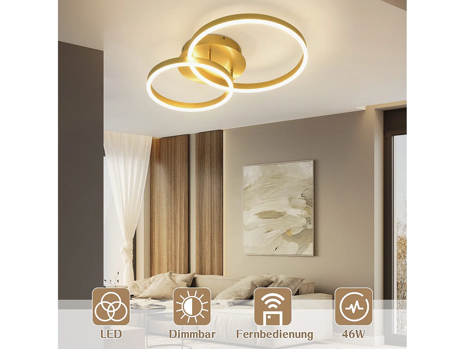NETTLIFE Plafonnier LED à intensité variable, lampe de salon noire, lampe de chambre moderne, 46 W, 2 anneaux