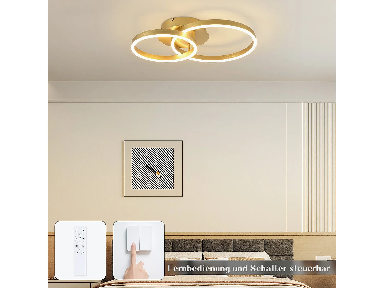 NETTLIFE Plafonnier LED à intensité variable, lampe de salon noire, lampe de chambre moderne, 46 W, 2 anneaux