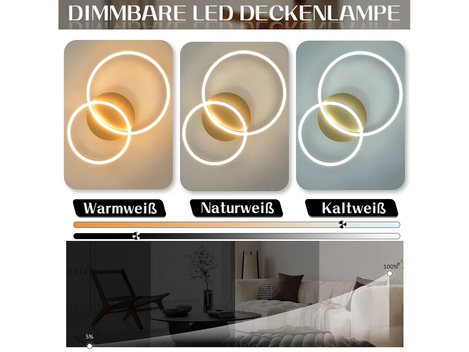 NETTLIFE Plafonnier LED à intensité variable, lampe de salon noire, lampe de chambre moderne, 46 W, 2 anneaux