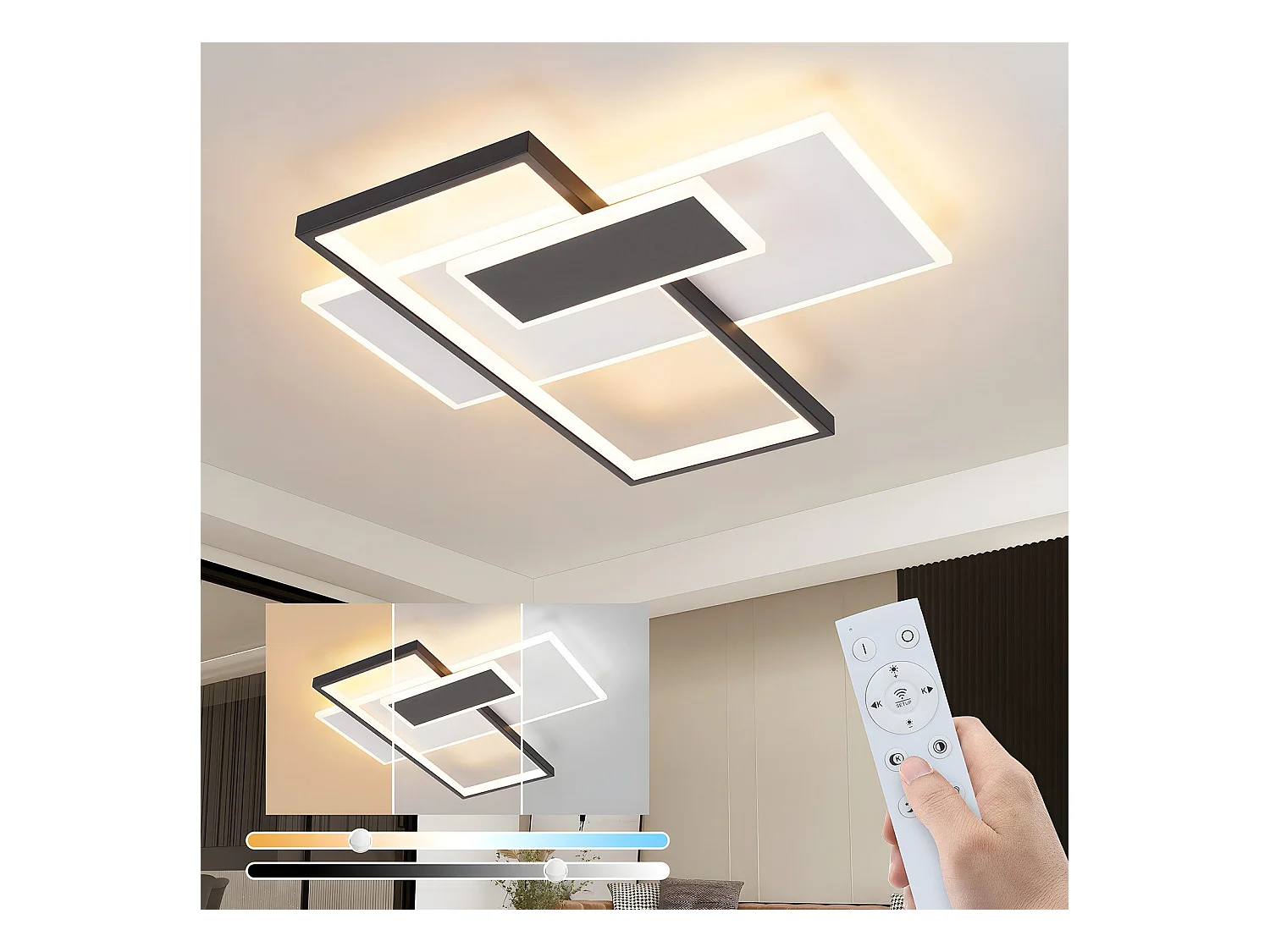 NETTLIFE Lampa sufitowa LED ściemnialna do salonu 62 W z 2 reflektorami sufitowymi, czarna, z pilotem, nowoczesny design akrylowy