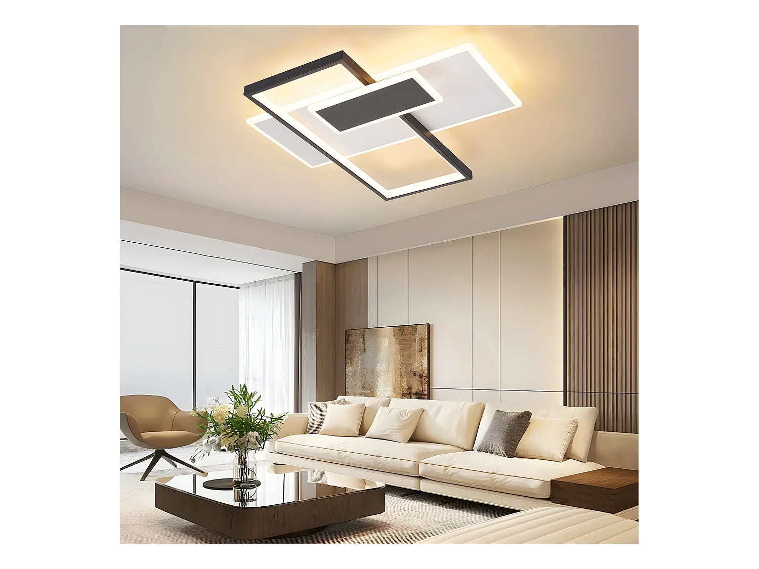 NETTLIFE Lampa sufitowa LED ściemnialna do salonu 62 W z 2 reflektorami sufitowymi, czarna, z pilotem, nowoczesny design akrylowy