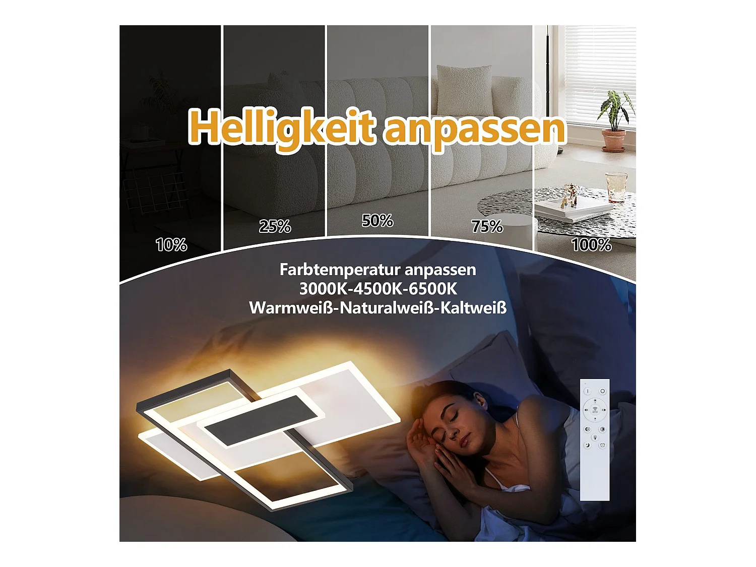 NETTLIFE Plafonnier LED lampe de salon à intensité variable 62 W avec 2 spots de plafond, noir, avec télécommande, design moderne en acrylique