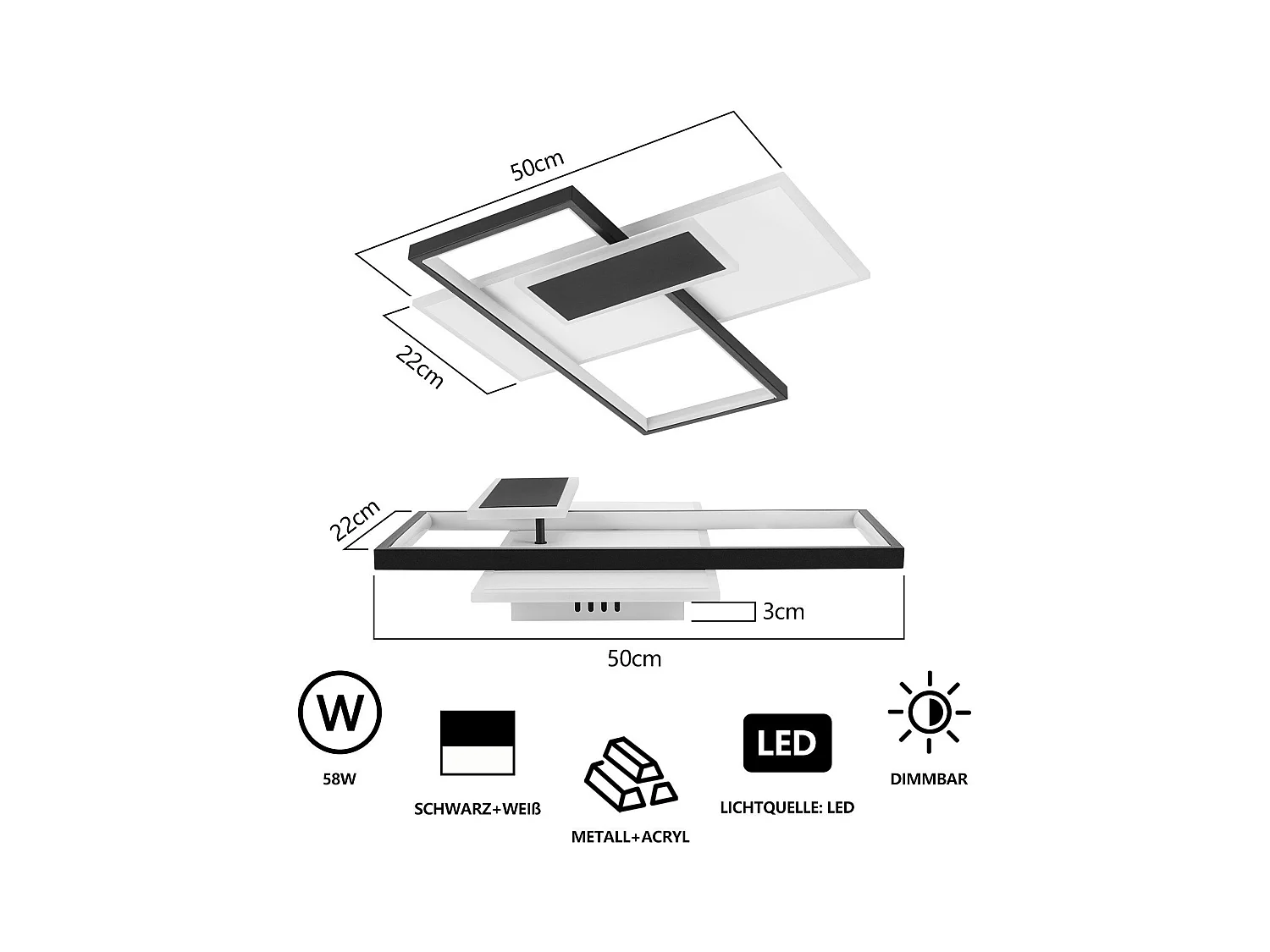 NETTLIFE Plafonnier LED lampe de salon à intensité variable 62 W avec 2 spots de plafond, noir, avec télécommande, design moderne en acrylique