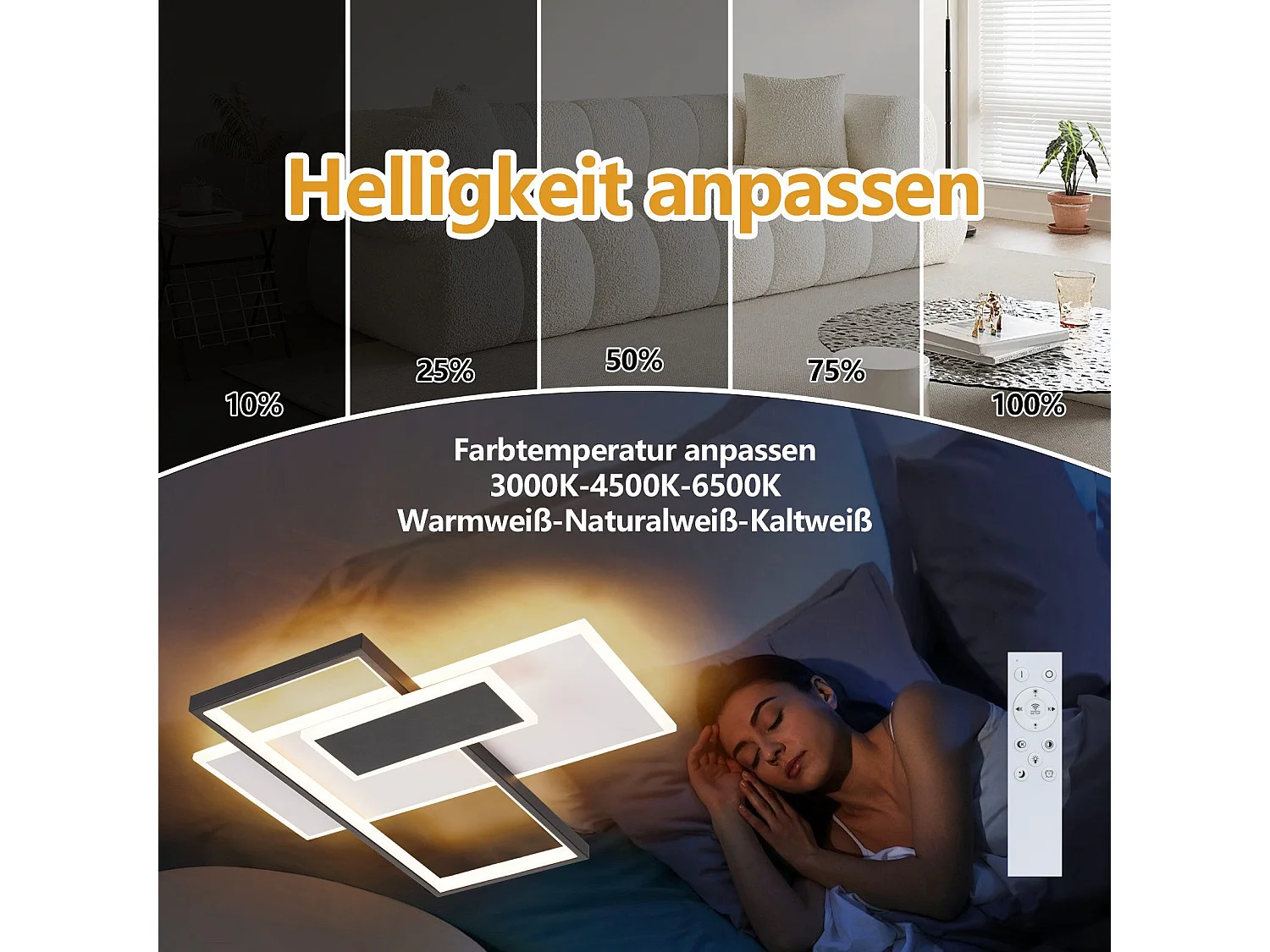 NETTLIFE Plafonnier LED lampe de salon à intensité variable 62 W avec 2 spots de plafond, noir, avec télécommande, design moderne en acrylique