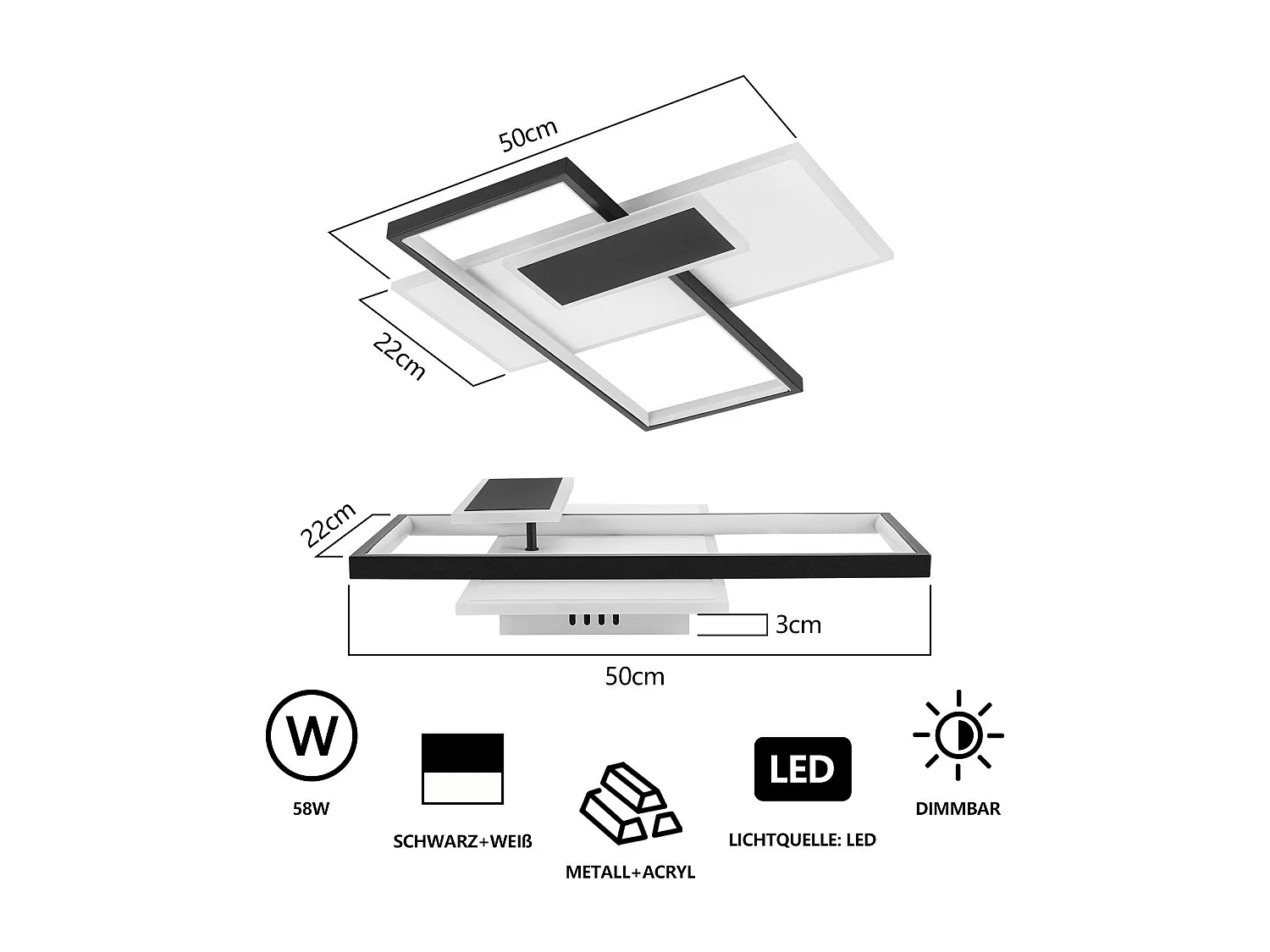 NETTLIFE Plafonnier LED lampe de salon à intensité variable 62 W avec 2 spots de plafond, noir, avec télécommande, design moderne en acrylique