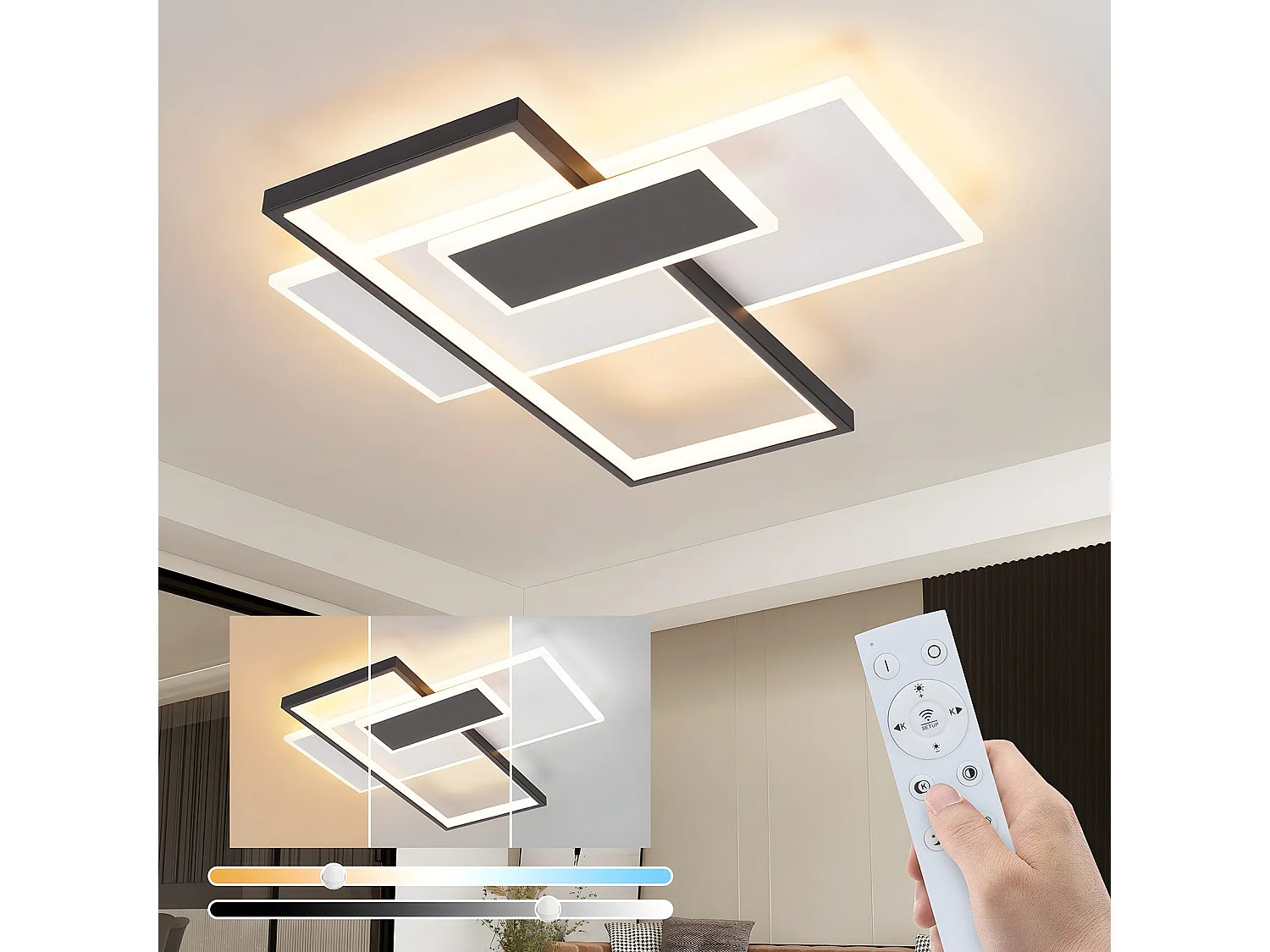 Plafoniera a LED dimmerabile NETTLIFE da 62W per soggiorno con 2 faretti, nera, con telecomando, design moderno in acrilico.