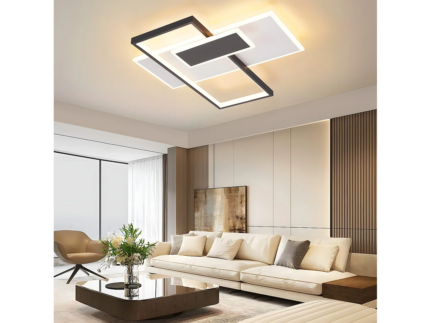 Plafoniera a LED dimmerabile NETTLIFE da 62W per soggiorno con 2 faretti, nera, con telecomando, design moderno in acrilico.