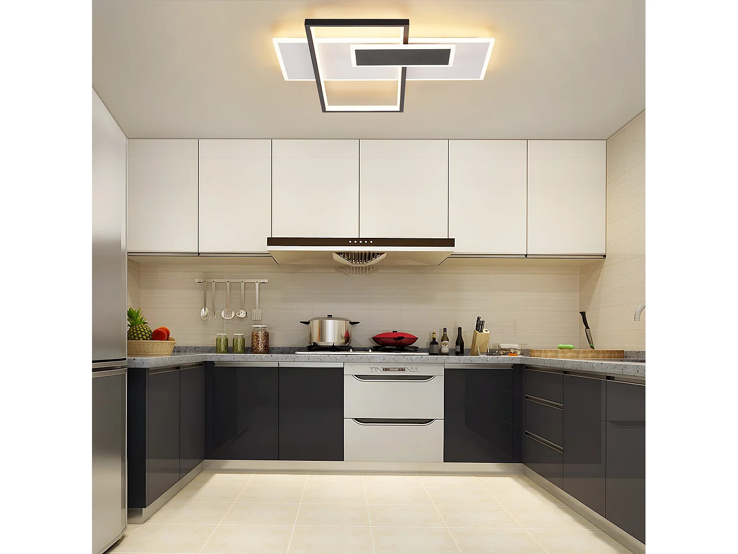 Plafoniera a LED dimmerabile NETTLIFE da 62W per soggiorno con 2 faretti, nera, con telecomando, design moderno in acrilico.