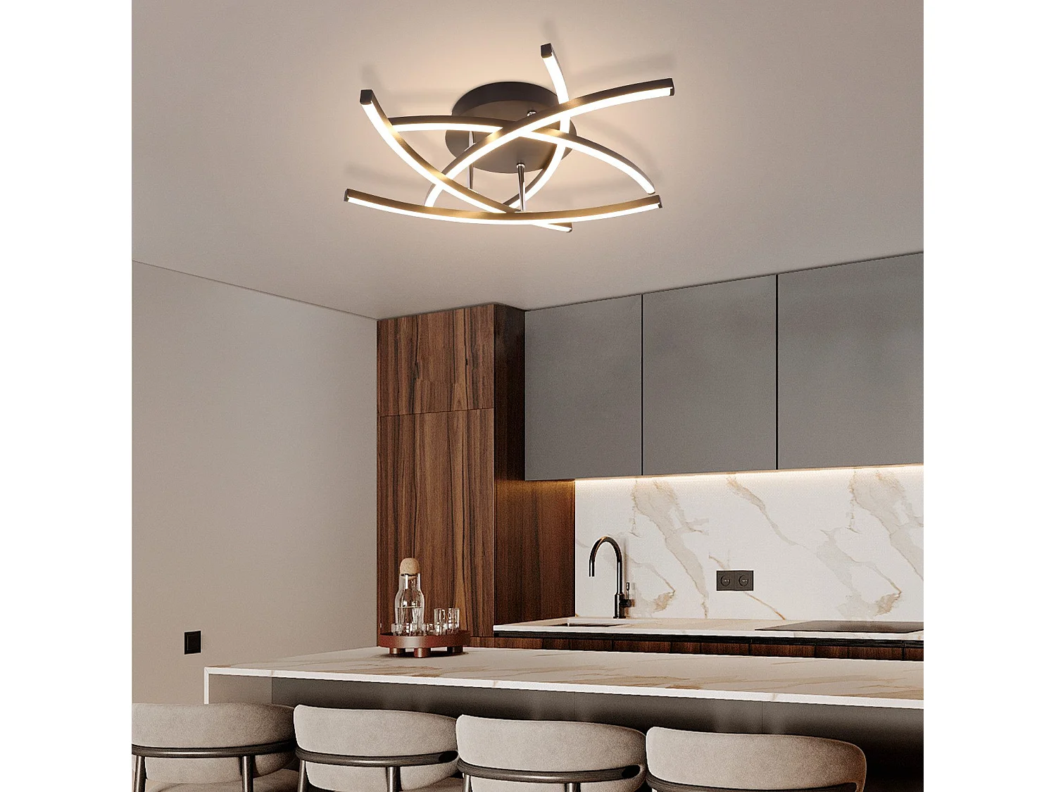 NETTLIFE Lámpara de techo LED para dormitorio, color negro, regulable, 32 W, moderna, de metal, con mando a distancia