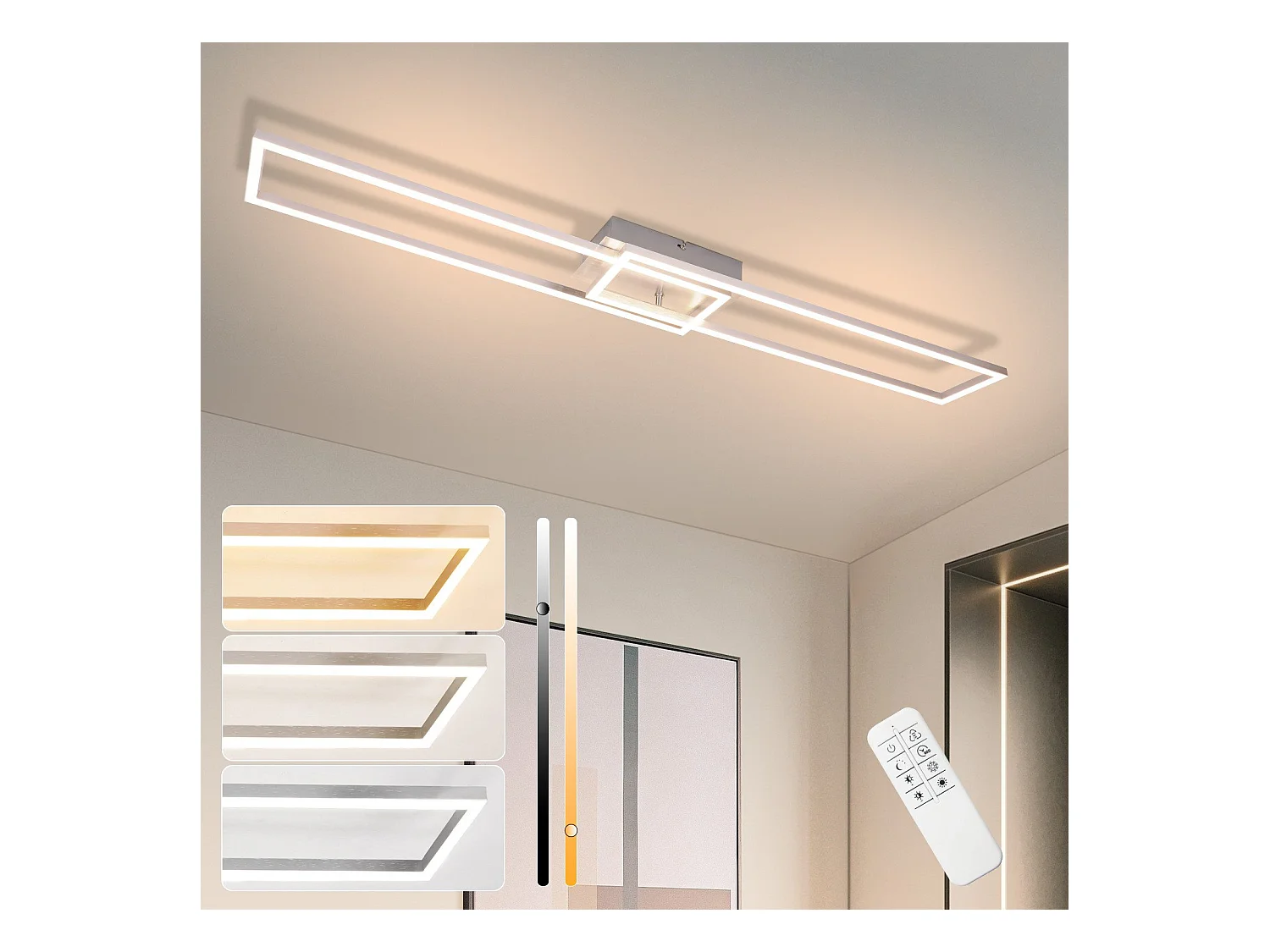 NETTLIFE Plafonnier LED Chambre à coucher - 2 cadres Lampe de chambre à coucher 102CM Moderne Dimmable avec télécommande Plafonnier argenté 36W