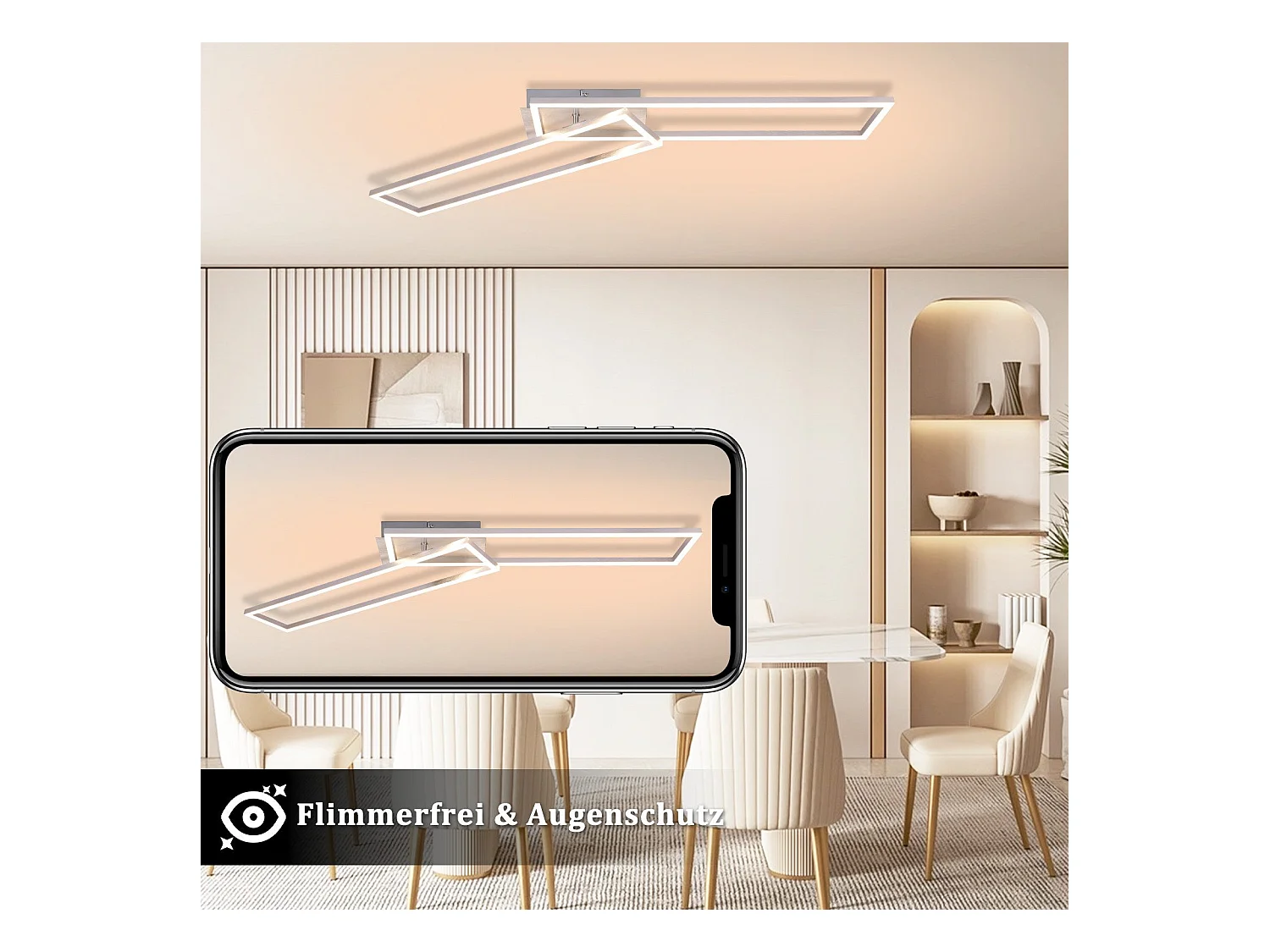 NETTLIFE Plafonnier LED Chambre à coucher - 2 cadres Lampe de chambre à coucher 102CM Moderne Dimmable avec télécommande Plafonnier argenté 36W