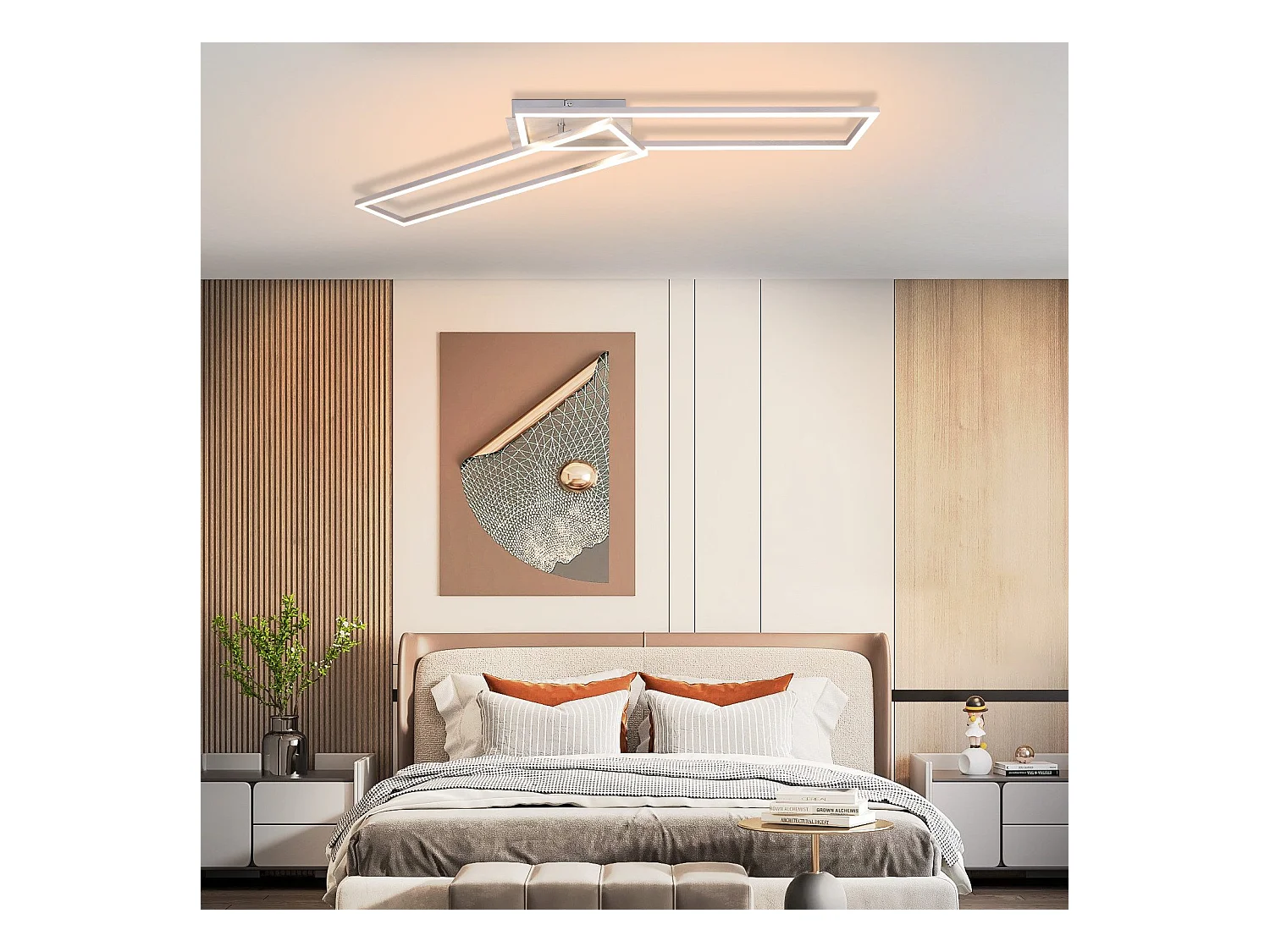 NETTLIFE Plafonnier LED Chambre à coucher - 2 cadres Lampe de chambre à coucher 102CM Moderne Dimmable avec télécommande Plafonnier argenté 36W