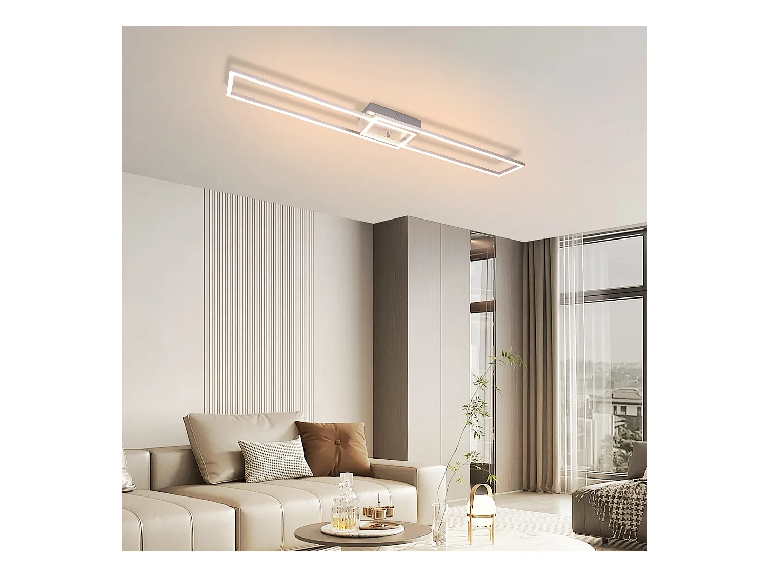 NETTLIFE Plafonnier LED Chambre à coucher - 2 cadres Lampe de chambre à coucher 102CM Moderne Dimmable avec télécommande Plafonnier argenté 36W