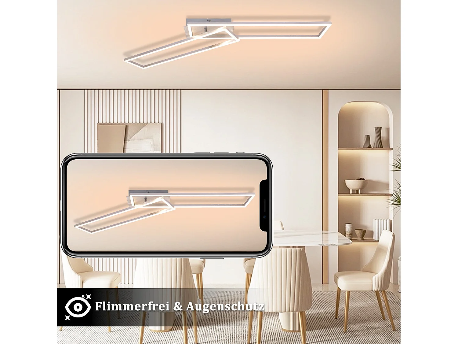 NETTLIFE Plafonnier LED Chambre à coucher - 2 cadres Lampe de chambre à coucher 102CM Moderne Dimmable avec télécommande Plafonnier argenté 36W