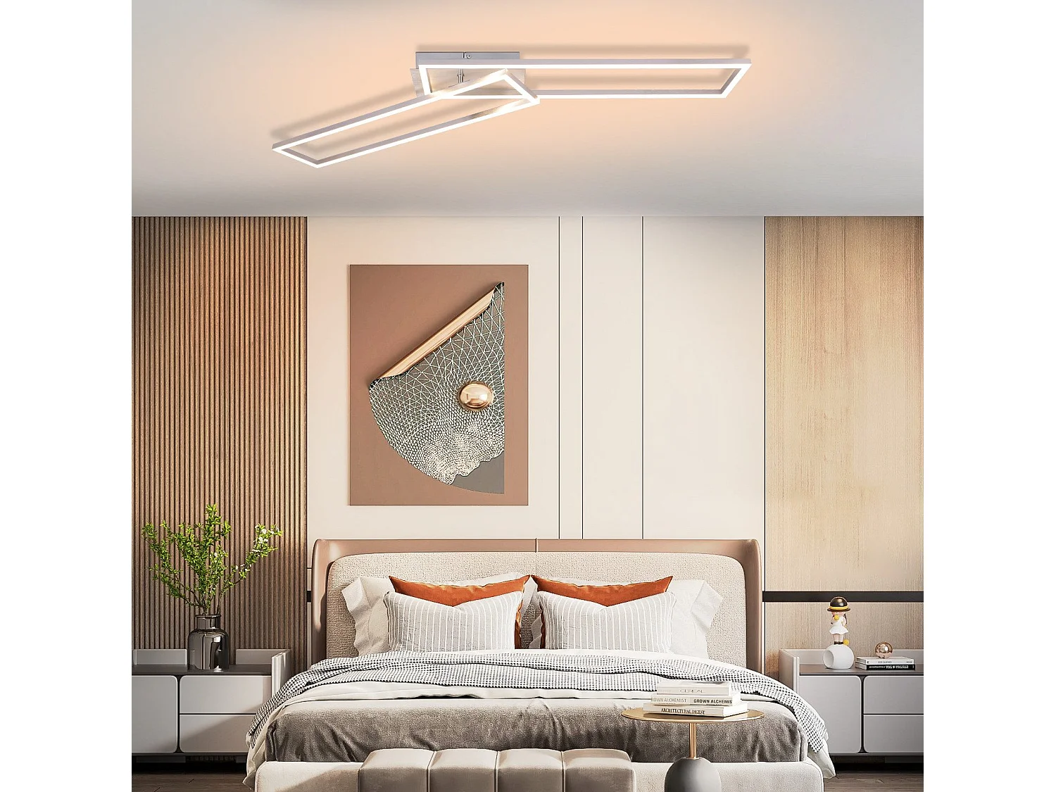 NETTLIFE Plafonnier LED Chambre à coucher - 2 cadres Lampe de chambre à coucher 102CM Moderne Dimmable avec télécommande Plafonnier argenté 36W