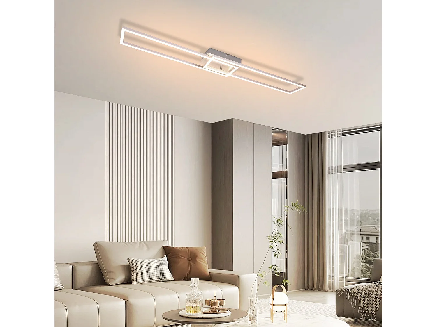 NETTLIFE Plafonnier LED Chambre à coucher - 2 cadres Lampe de chambre à coucher 102CM Moderne Dimmable avec télécommande Plafonnier argenté 36W