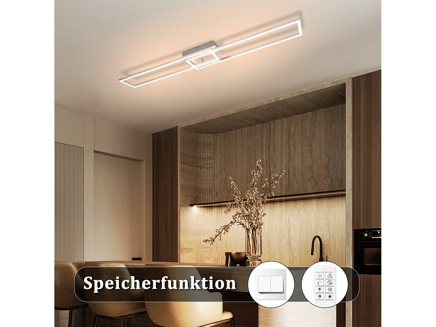 NETTLIFE Plafonnier LED Chambre à coucher - 2 cadres Lampe de chambre à coucher 102CM Moderne Dimmable avec télécommande Plafonnier argenté 36W